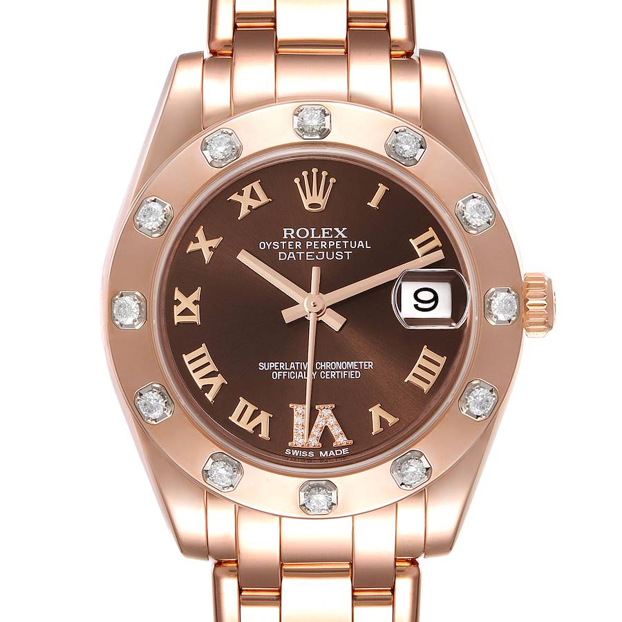 Rolex Pearlmaster 34mm Brown Dial Rose Gold Diamond Ladies Watch 81315 SwissWatchExpo