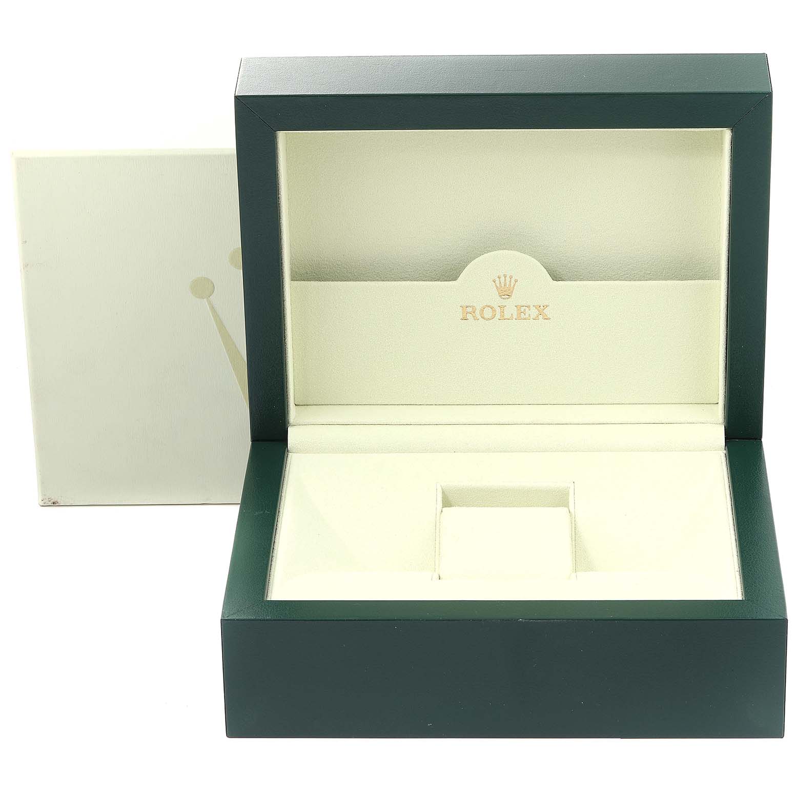 This image shows an open Rolex Pearlmaster 81315 Women
s Rose Gold Brown Dial 81315 Women
s Rose Gold Brown Dial watch box, highlighting its interior compartments and branding.