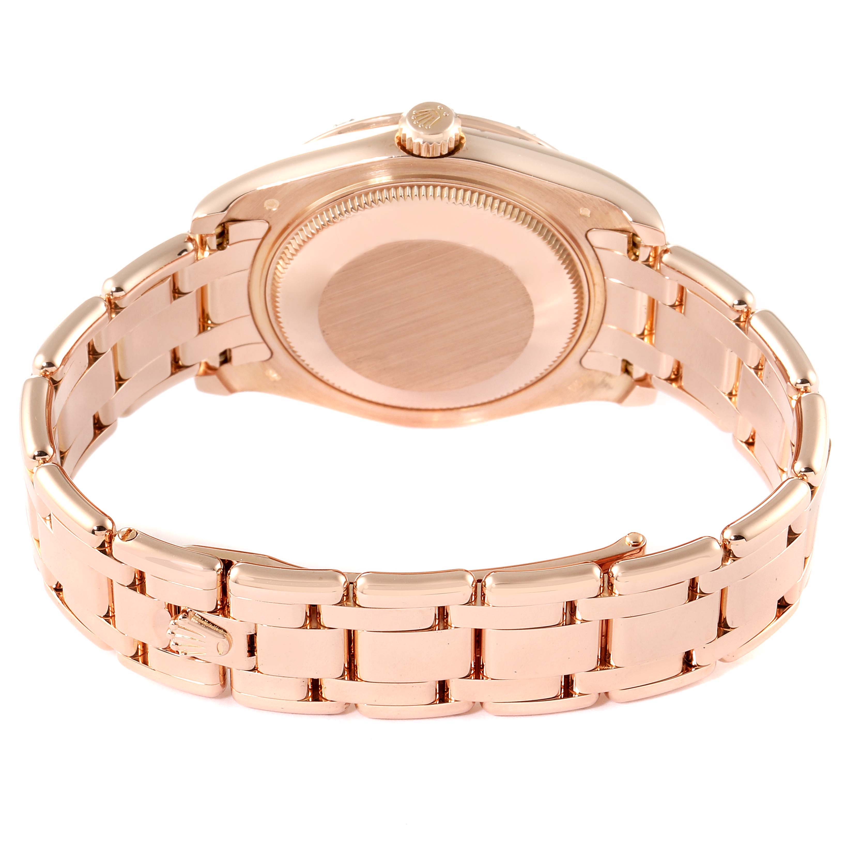 The image shows the back and bracelet of a Rolex Pearlmaster 81315 Women
s Rose Gold Brown Dial 81315 Women
s Rose Gold Brown Dial watch.