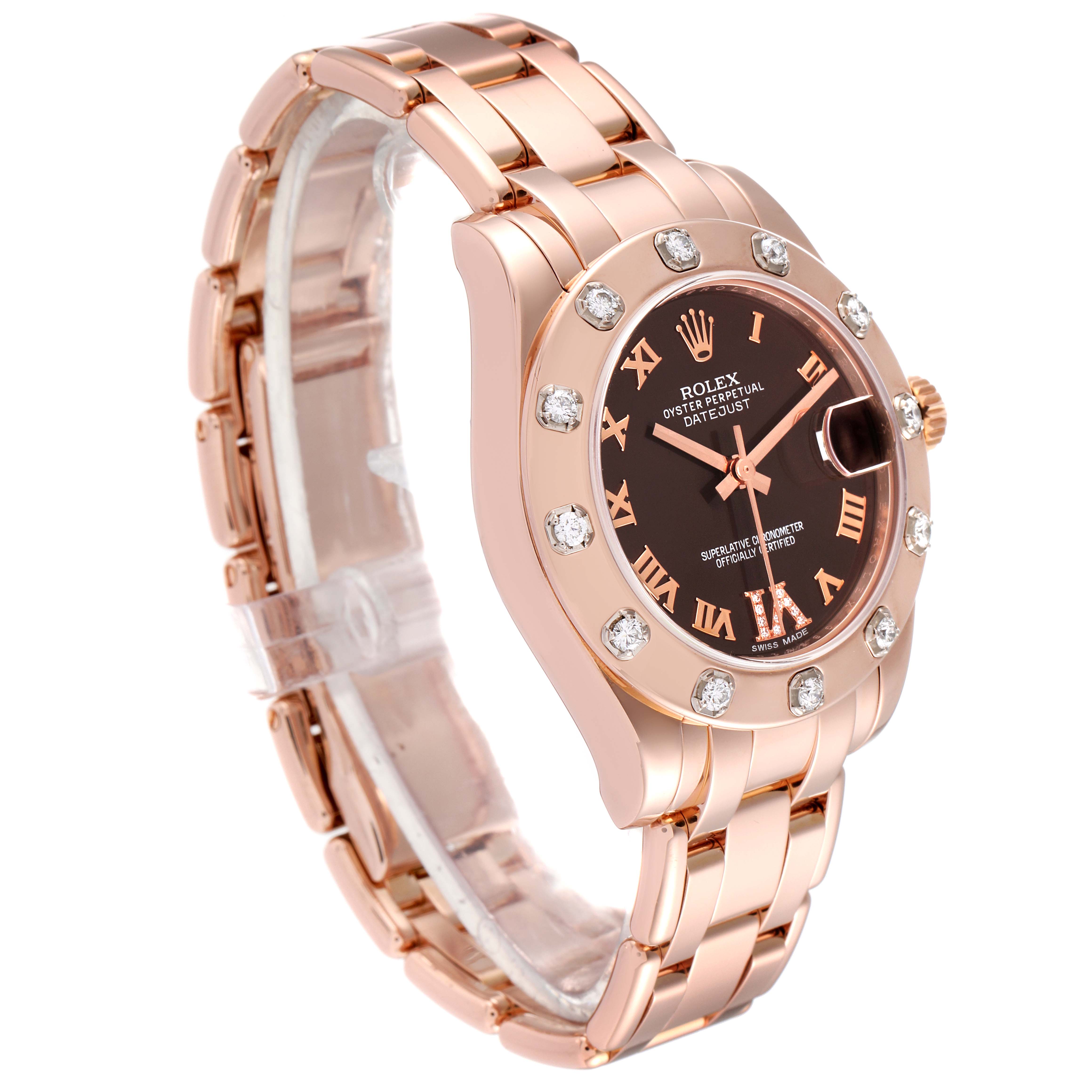The Rolex Pearlmaster 81315 Women
s Rose Gold Brown Dial 81315 Women
s Rose Gold Brown Dial watch is shown at a diagonal angle, highlighting its rose gold bracelet, diamond bezel, and brown dial with Roman numerals.