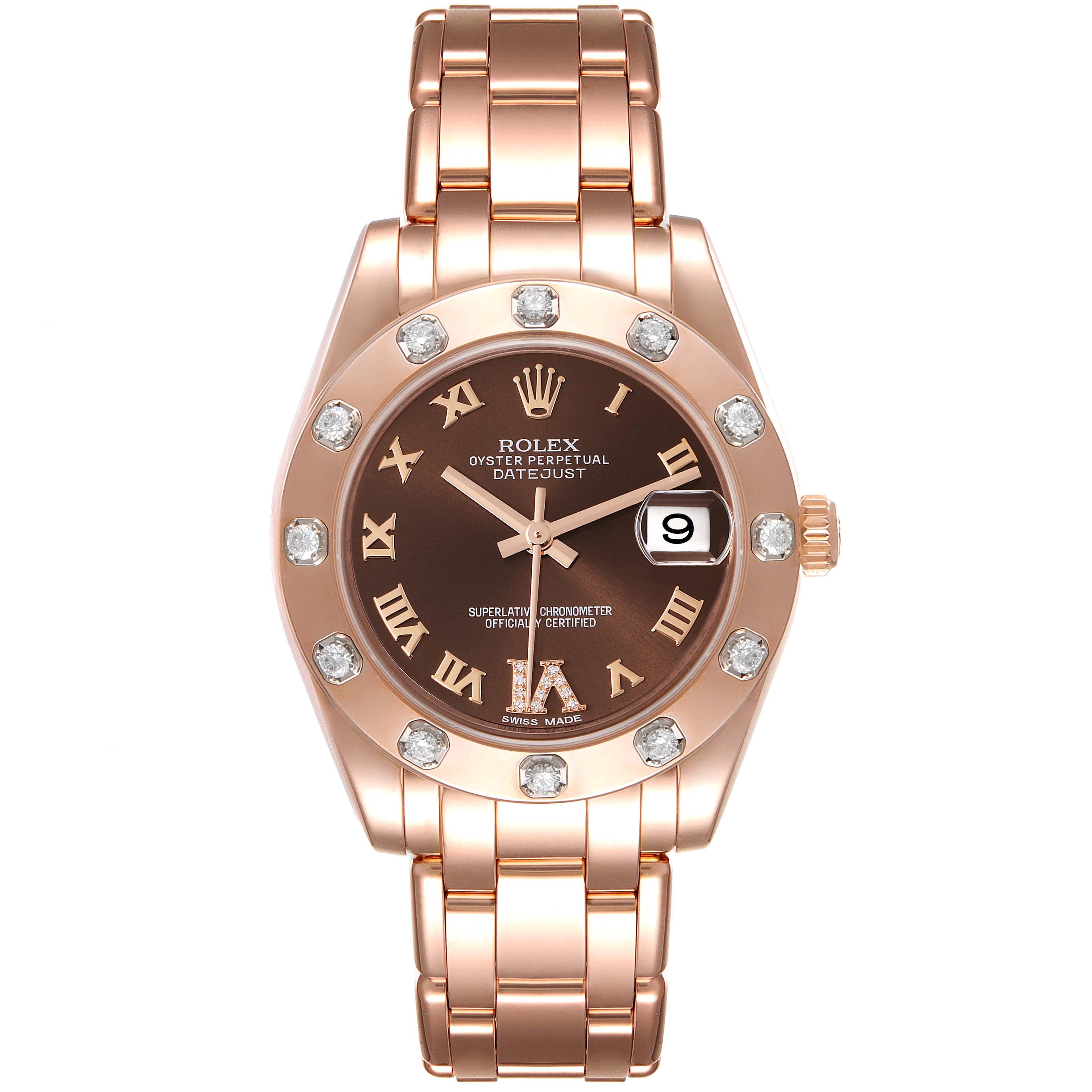 The image shows a front view of the Rolex Pearlmaster 81315 Women
s Rose Gold Brown Dial 81315 Women
s Rose Gold Brown Dial watch, highlighting the dial, bezel, crown, and bracelet.