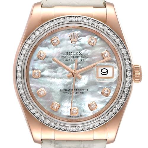 Photo of Rolex Datejust Rose Gold Mother of Pearl Diamond Dial Mens Watch 116185