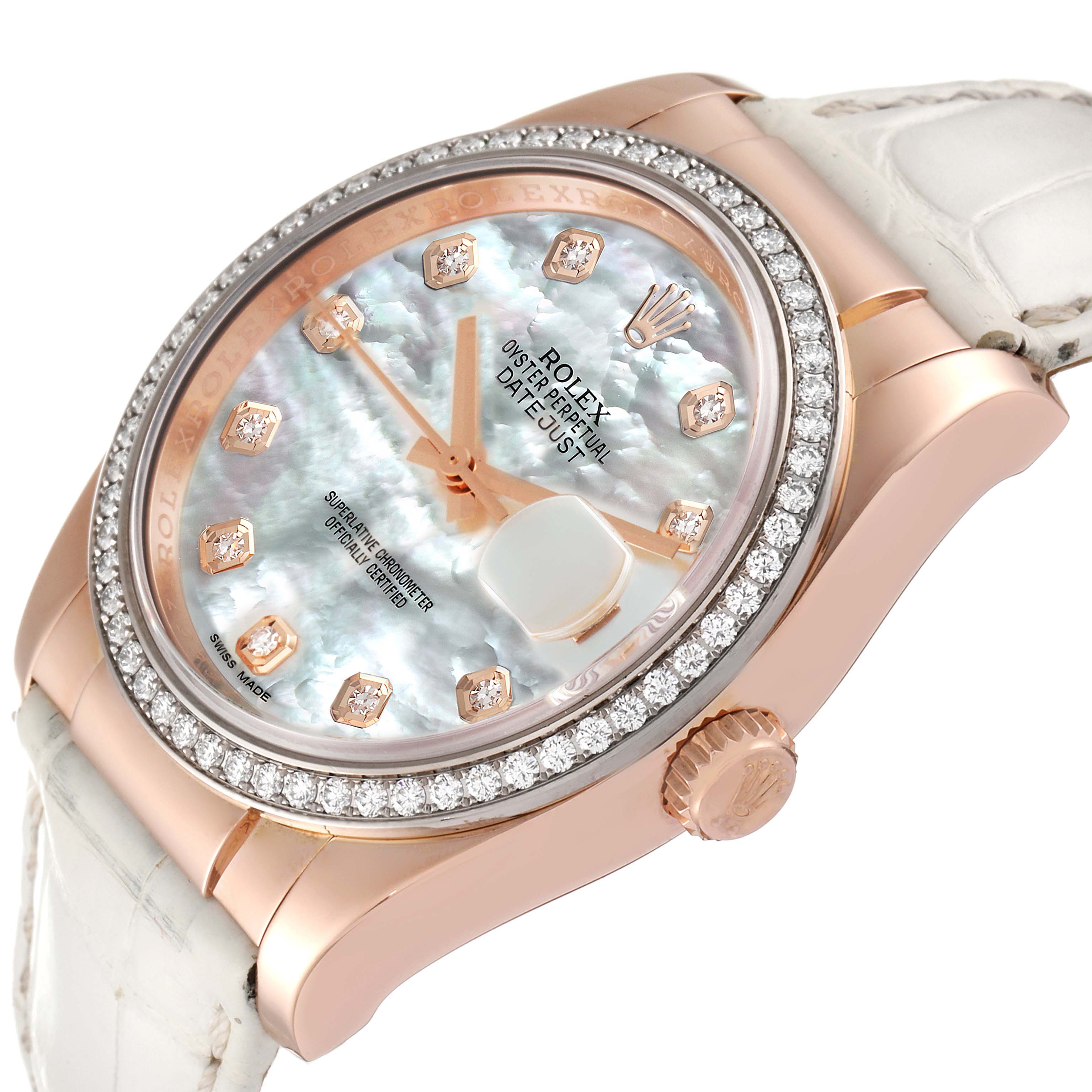 This image shows the face and side of a Rolex Datejust 116185 Men's Rose Gold Mother of Pearl Dial 116185 Men's Rose Gold Mother of Pearl Dial watch at an angled view, highlighting the crown, bezel, dial, and strap.