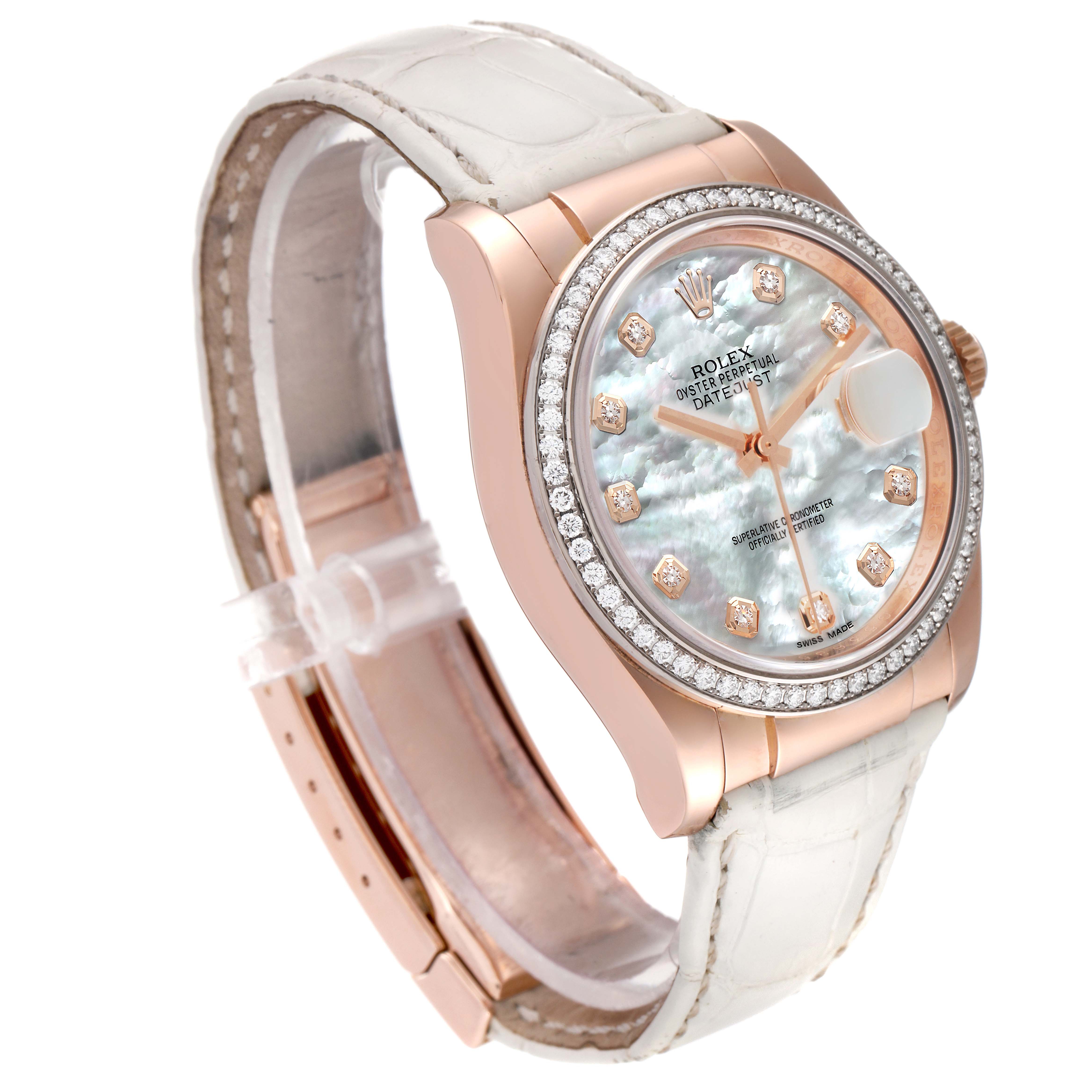 This image shows a Rolex Datejust 116185 Men's Rose Gold Mother of Pearl Dial 116185 Men's Rose Gold Mother of Pearl Dial watch at an angled view, highlighting its face, bezel, and white leather strap.
