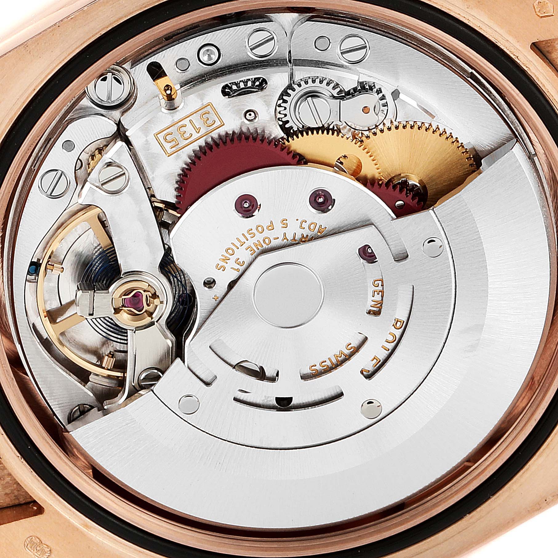The image shows the detailed internal mechanics of the Rolex Datejust 116185 Men's Rose Gold Mother of Pearl Dial 116185 Men's Rose Gold Mother of Pearl Dial watch viewed from the back.