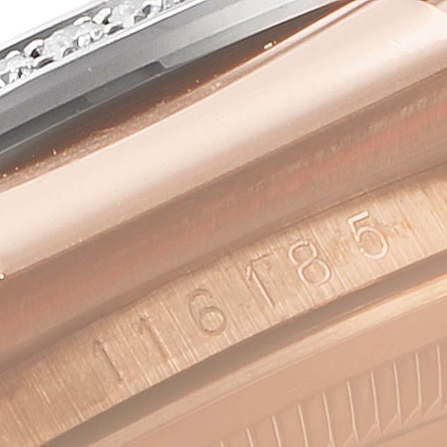This close-up image shows the case and bezel of a Rolex Datejust 116185 Men's Rose Gold Mother of Pearl Dial 116185 Men's Rose Gold Mother of Pearl Dial model, focusing on the engraved model number.