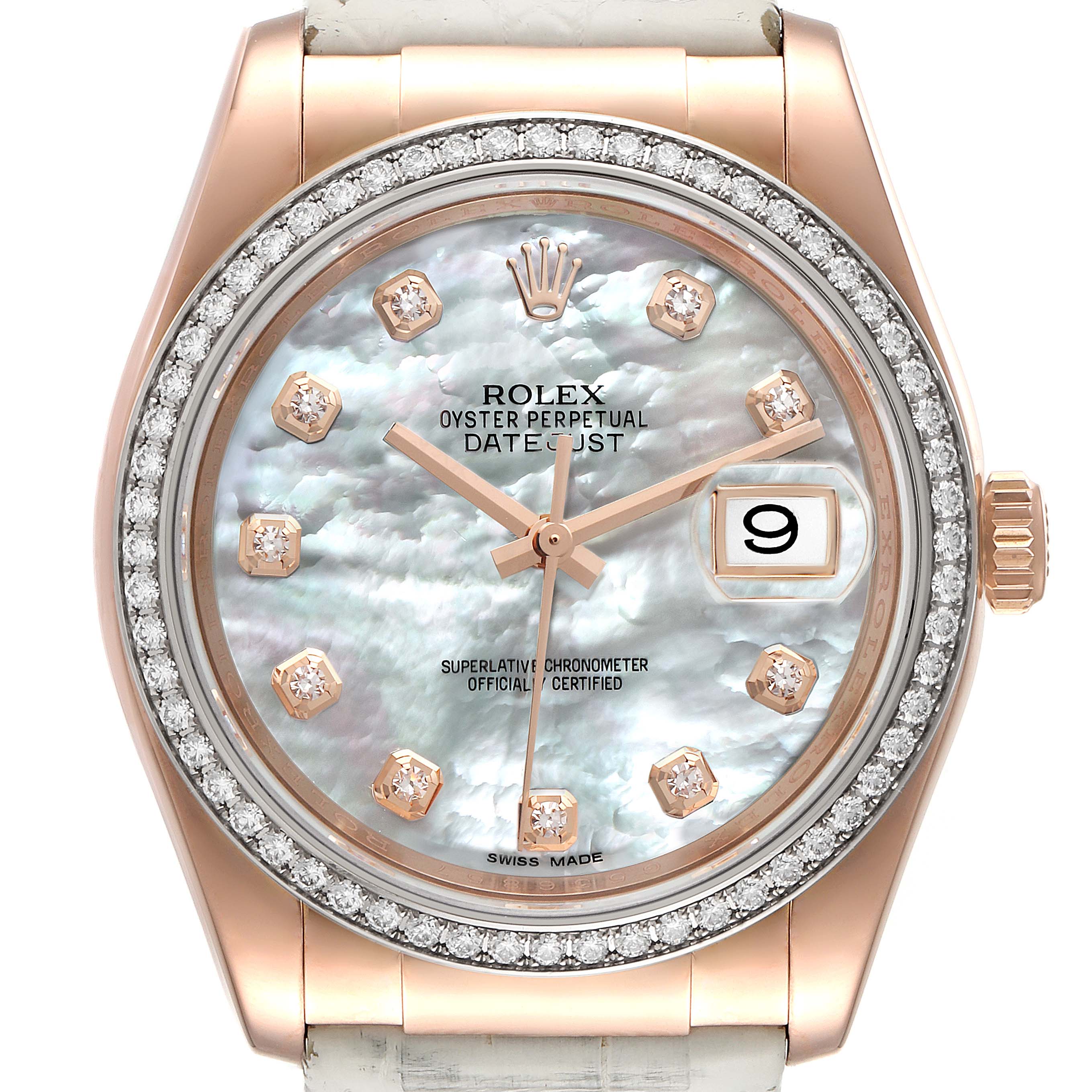 This image shows the front view of a Rolex Datejust 116185 Men's Rose Gold Mother of Pearl Dial 116185 Men's Rose Gold Mother of Pearl Dial watch, highlighting its face, bezel, and crown.