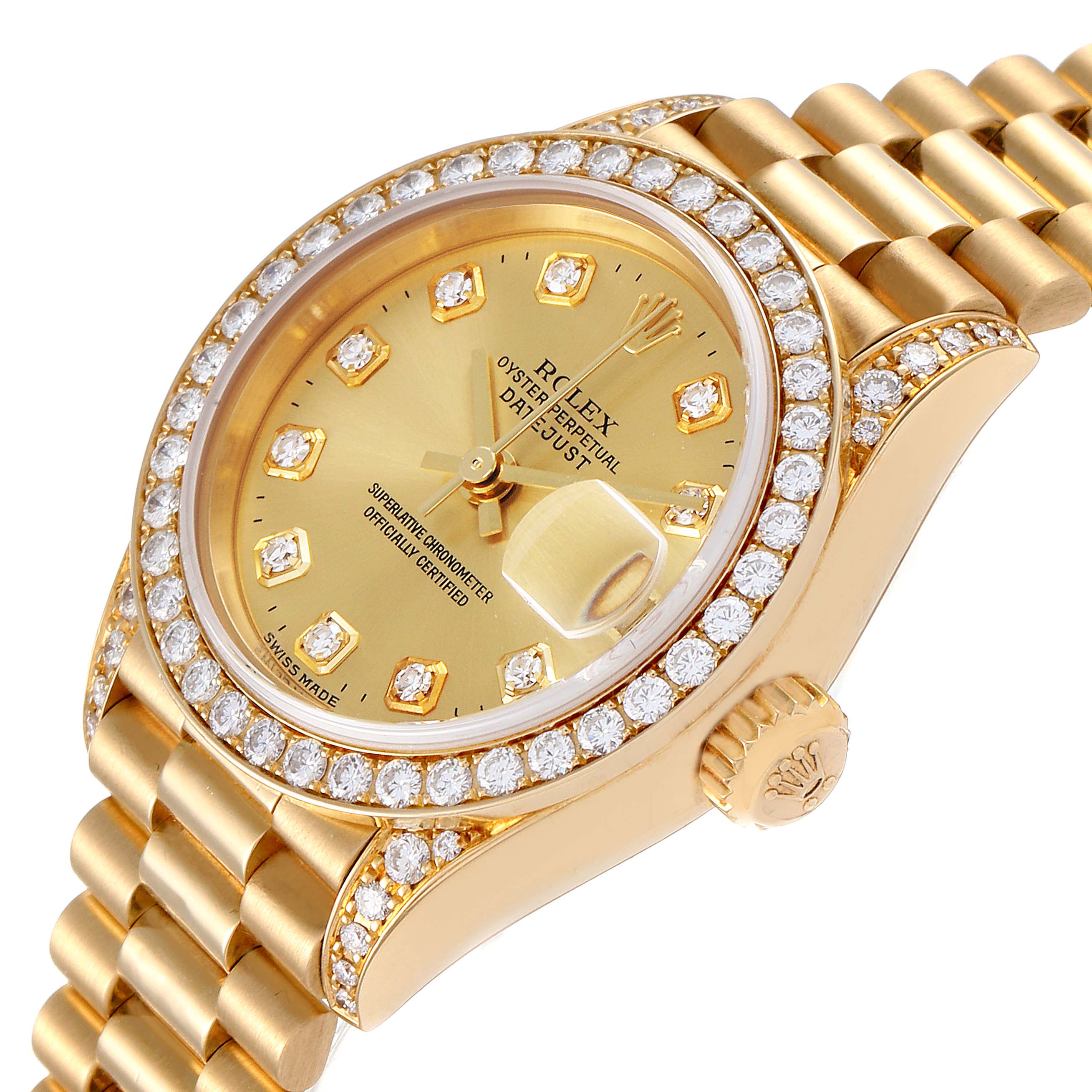 The image shows a close-up angled view of a Rolex President 79158 Women
s Yellow Gold Champagne Dial 79158 Women
s Yellow Gold Champagne Dial model watch featuring a gold dial and diamond bezel.