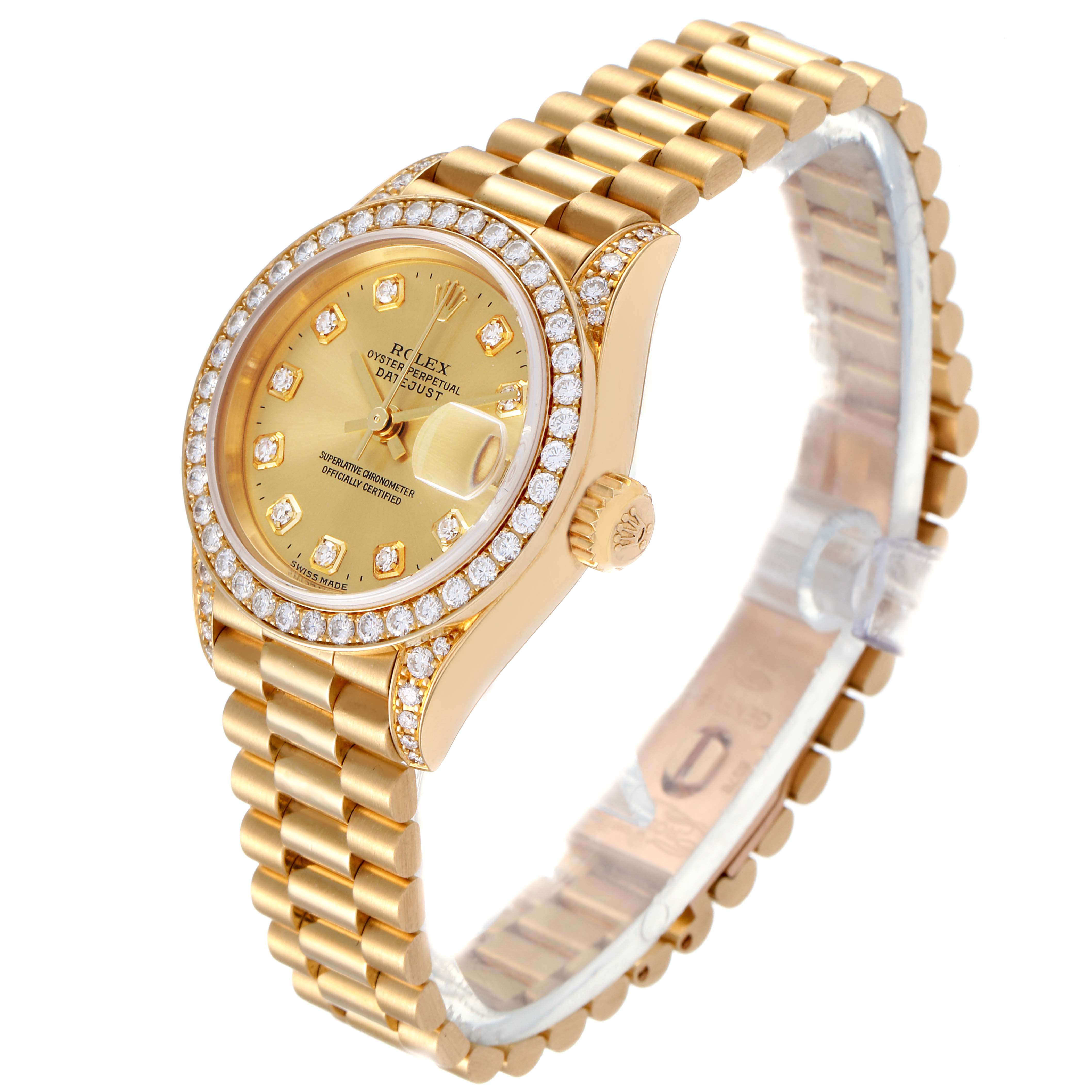 This image shows a side angle view of a Rolex President 79158 Women
s Yellow Gold Champagne Dial 79158 Women
s Yellow Gold Champagne Dial model watch, highlighting the gold band and diamond bezel.