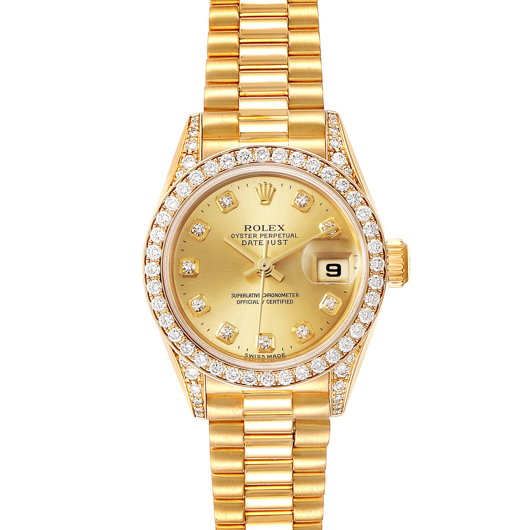 The Rolex President 79158 Women
s Yellow Gold Champagne Dial 79158 Women
s Yellow Gold Champagne Dial model is shown from the front, displaying the full dial, bezel, and bracelet.