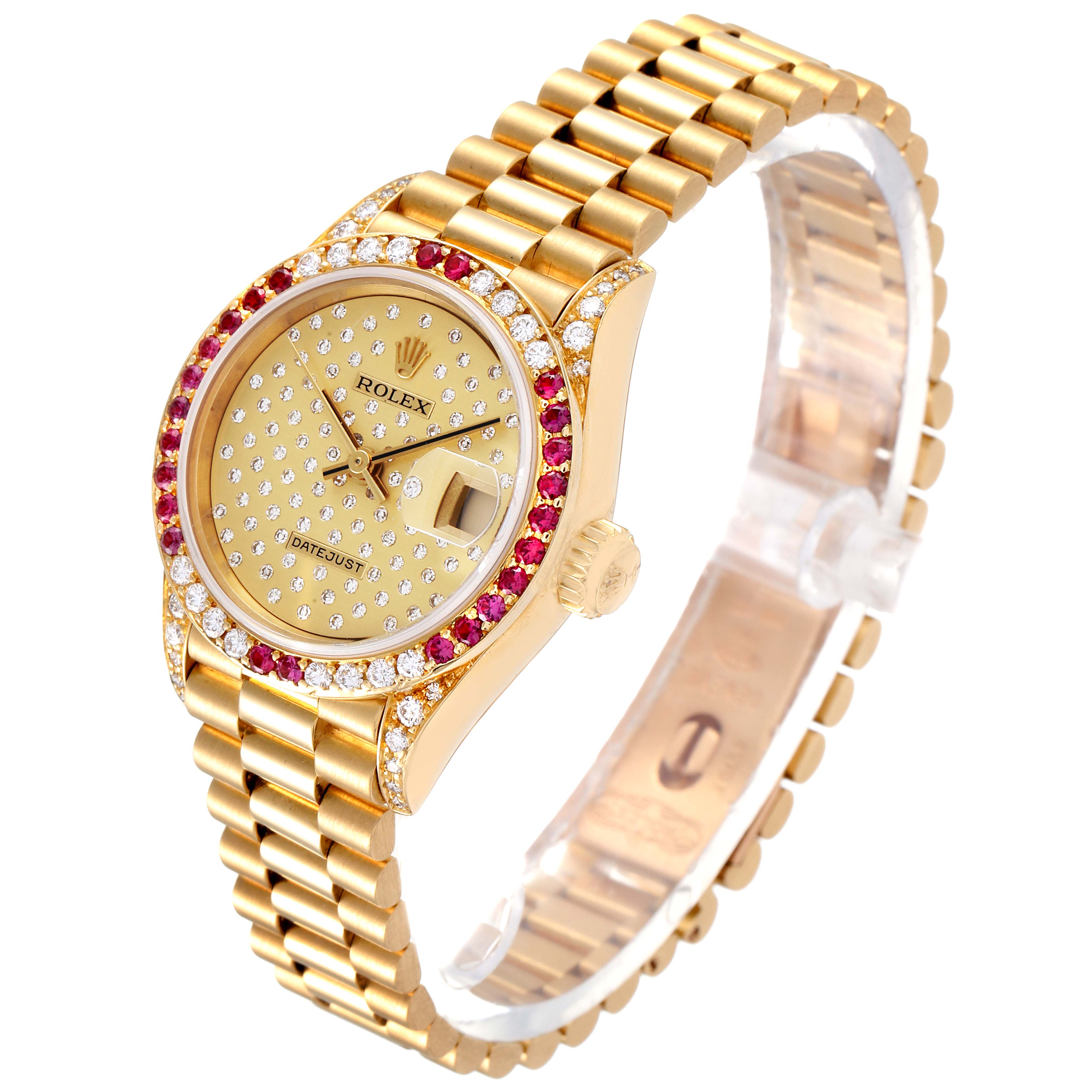 The image shows a Rolex President 69038 Women's Yellow Gold Champagne Dial 69038 Women's Yellow Gold Champagne Dial model watch at a slight angle, highlighting the dial, bezel, crown, and bracelet.