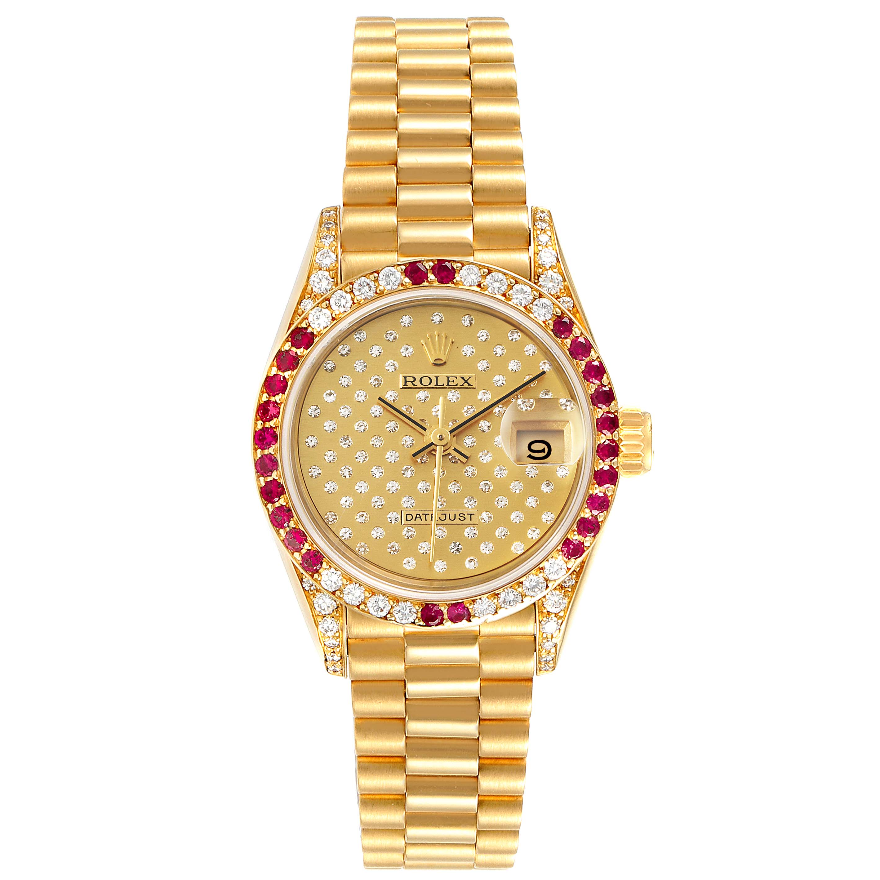 The image shows a front view of a Rolex President 69038 Women's Yellow Gold Champagne Dial 69038 Women's Yellow Gold Champagne Dial model watch, displaying the dial, bezel, and bracelet.