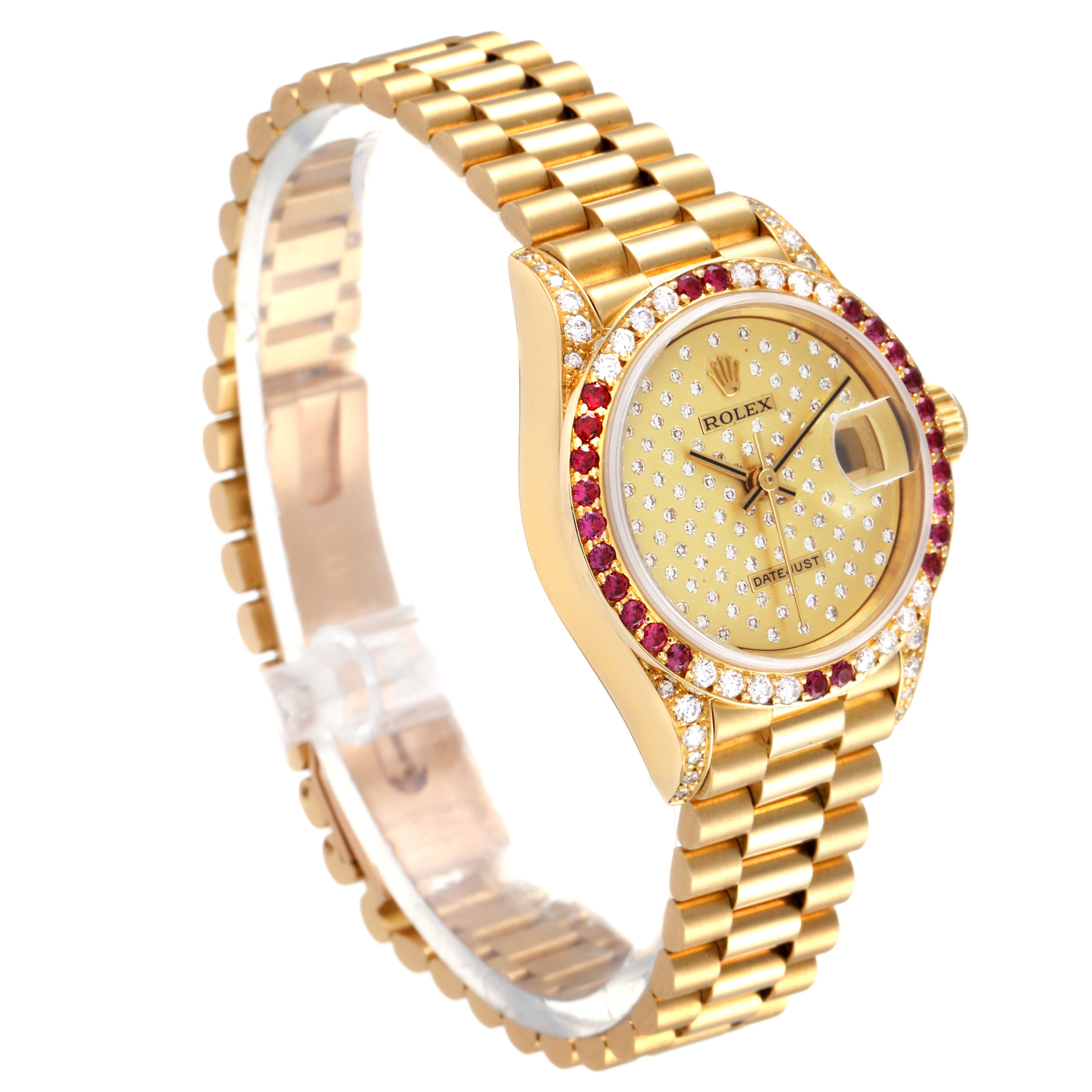 The image shows a Rolex President 69038 Women's Yellow Gold Champagne Dial 69038 Women's Yellow Gold Champagne Dial model watch at a 3/4 angle, highlighting its gold bracelet, diamond-encrusted bezel, and dial.
