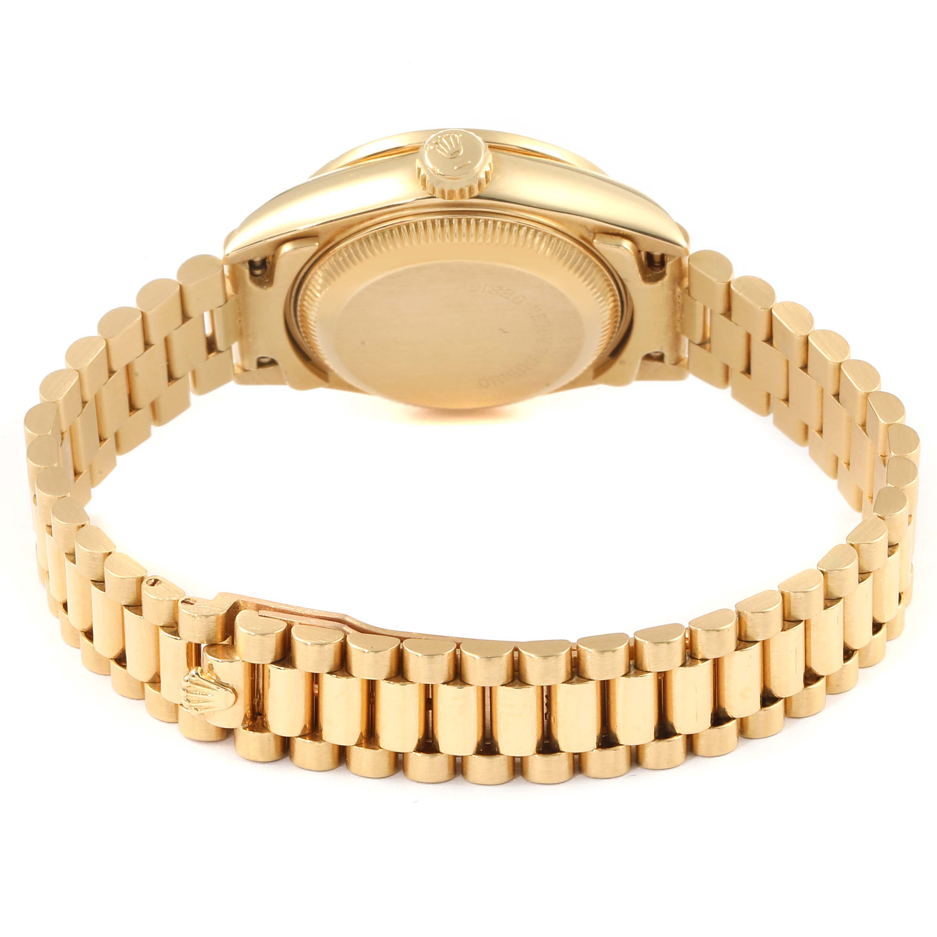 This image shows the back view of a Rolex President 69038 Women's Yellow Gold Champagne Dial 69038 Women's Yellow Gold Champagne Dial model watch, highlighting its bracelet and clasp.