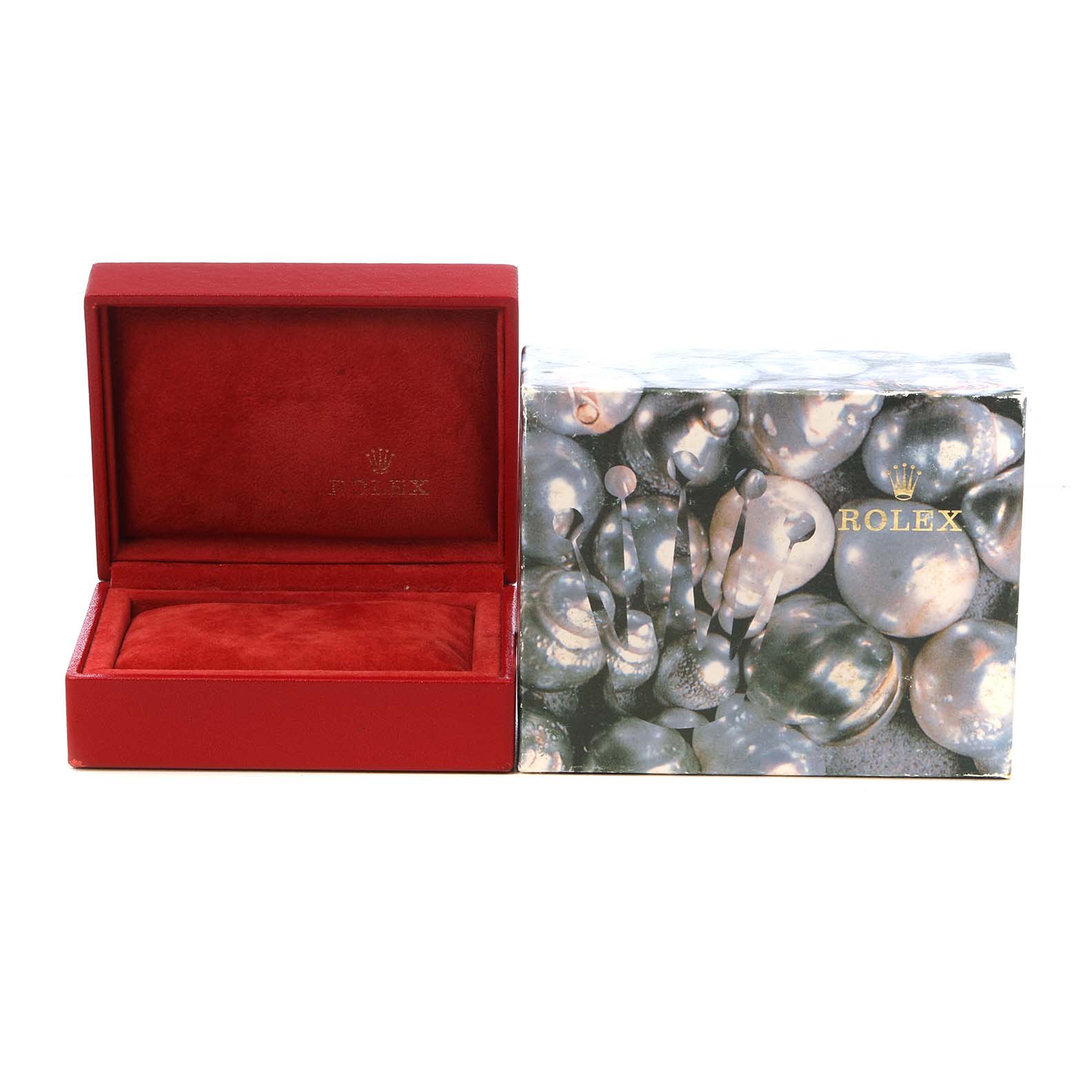 The image shows a Rolex President 69138 Women's Yellow Gold Champagne Dial watch box and outer packaging, featuring a red interior and closed position.