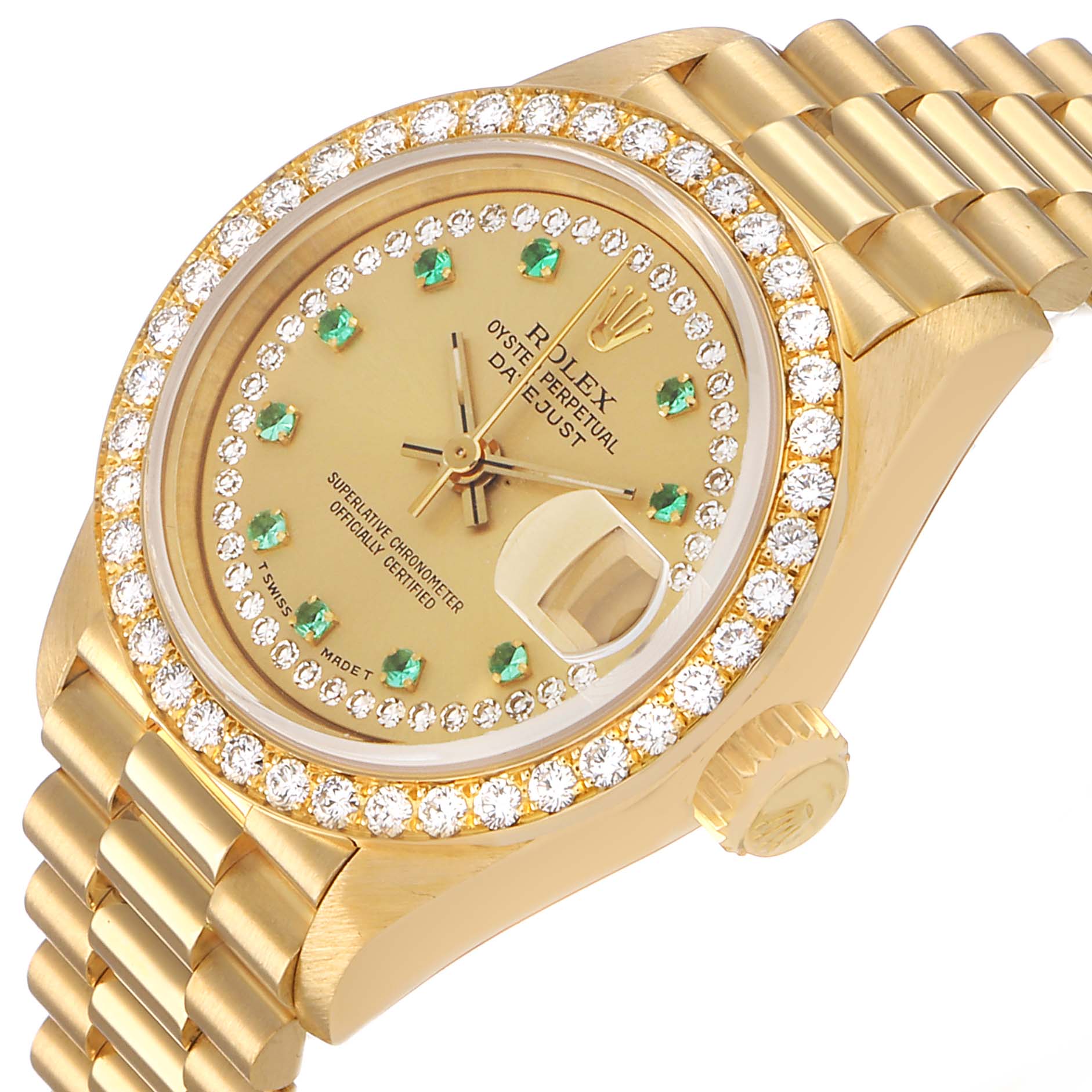 The image shows a Rolex President 69138 Women's Yellow Gold Champagne Dial watch at an angled view, displaying its dial, diamond-set bezel, and part of the bracelet.