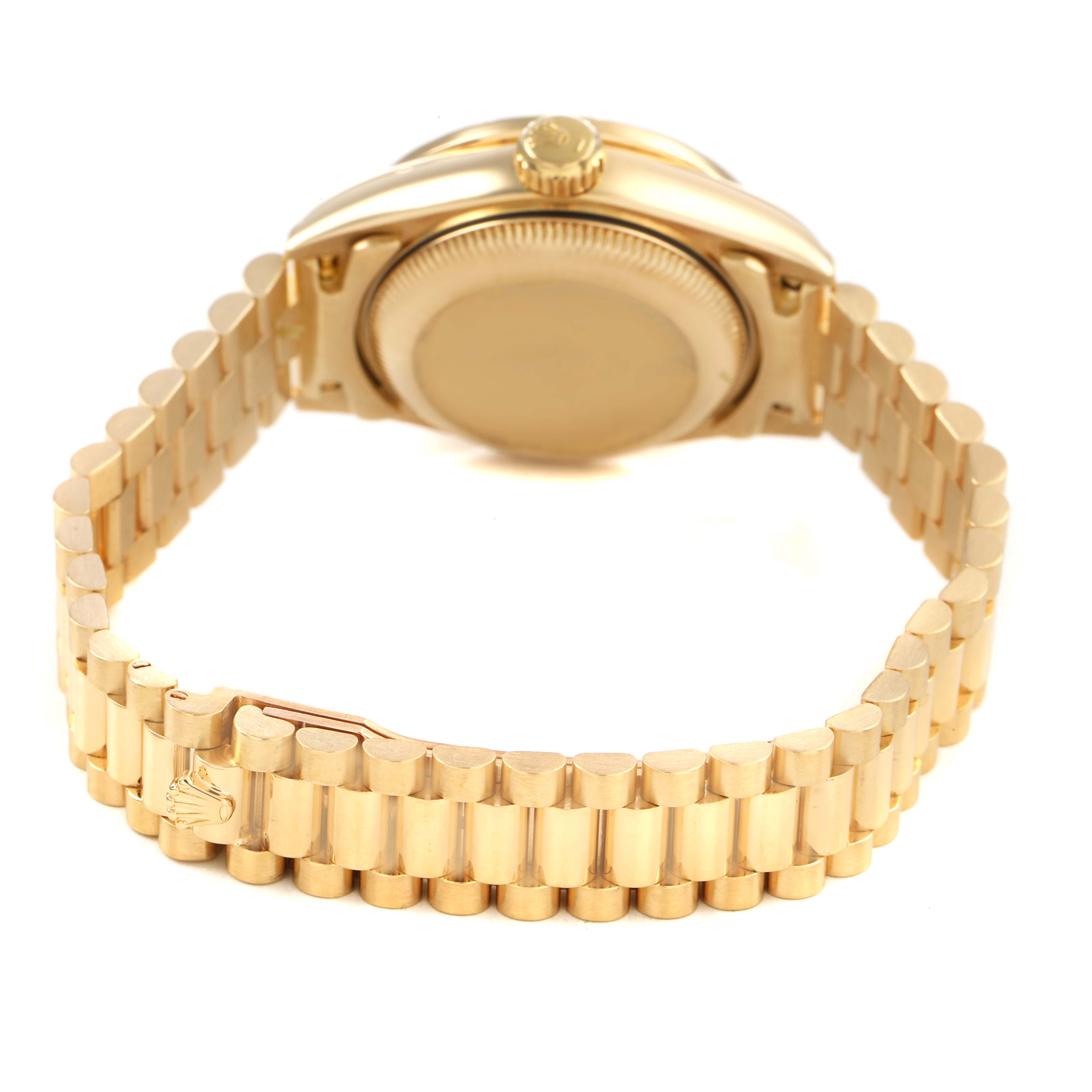 The image shows the back view of a Rolex President 69138 Women's Yellow Gold Champagne Dial watch, highlighting its case, crown, and President bracelet.