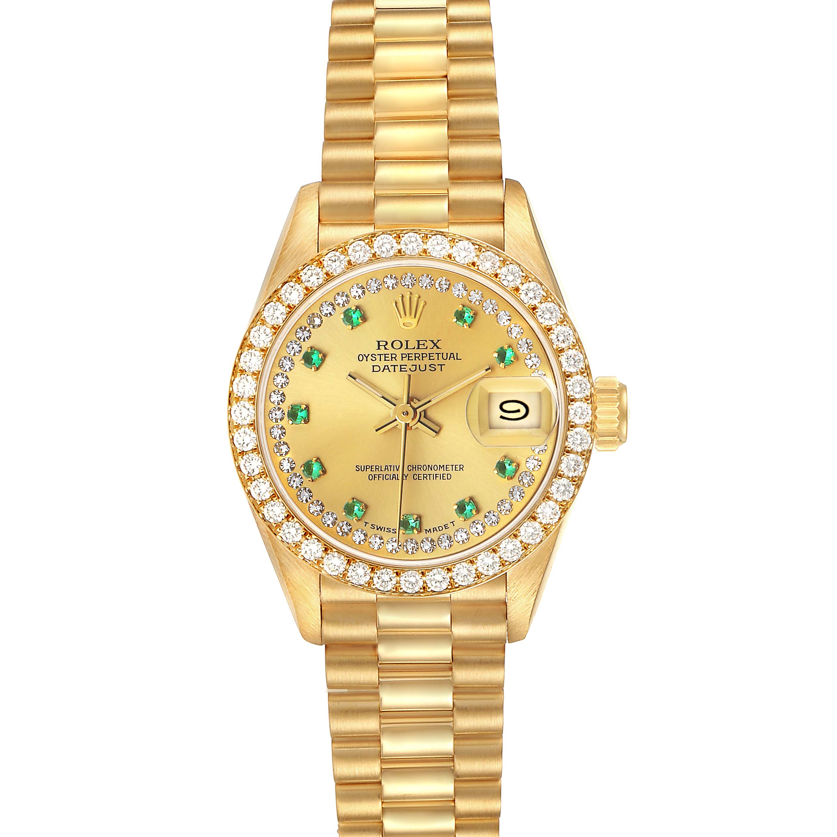 The Rolex President 69138 Women's Yellow Gold Champagne Dial model is shown from a top-down angle, displaying the bezel, dial, bracelet, and crown.