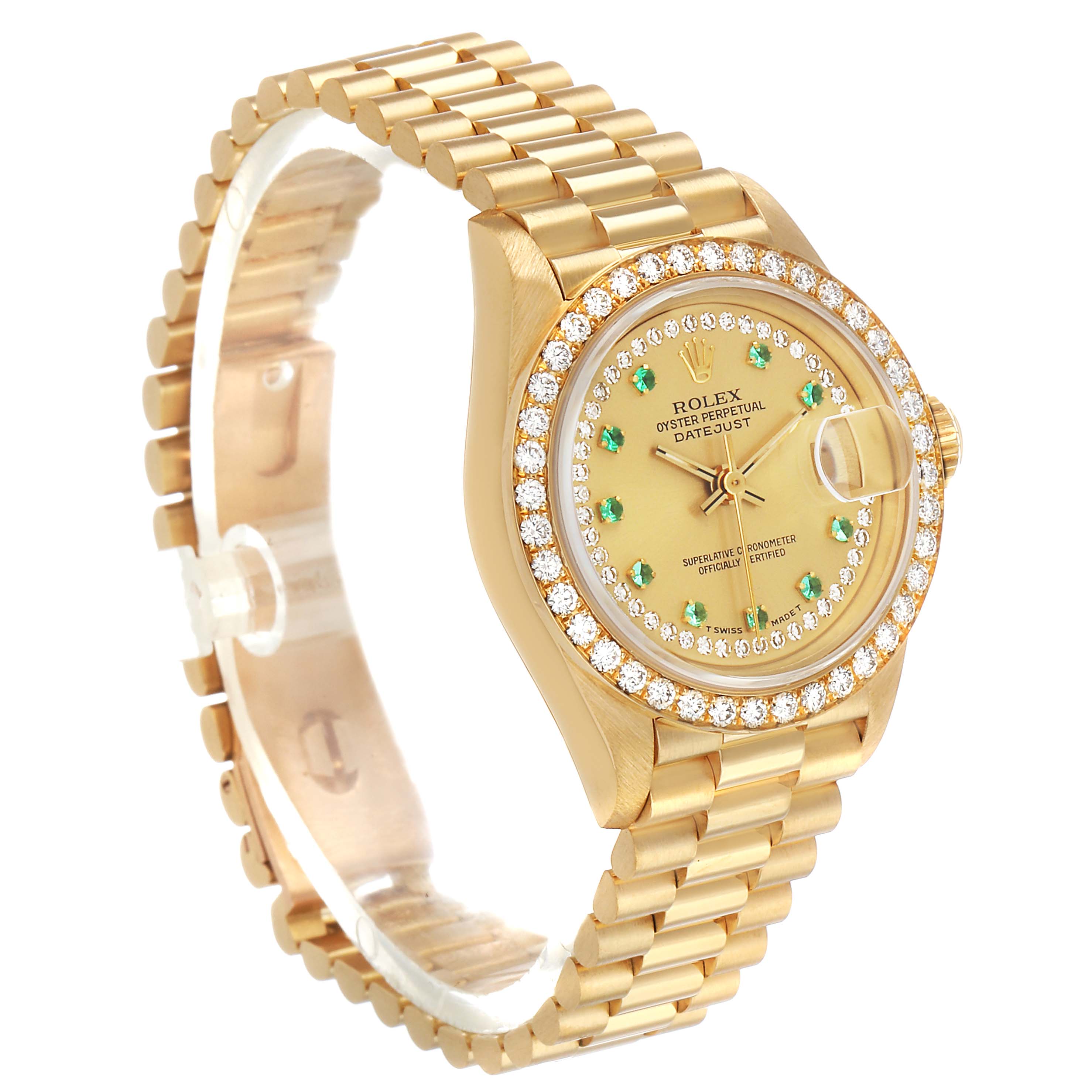 This Rolex President 69138 Women's Yellow Gold Champagne Dial model is shown at an angled side view, highlighting the face, bezel, and bracelet.