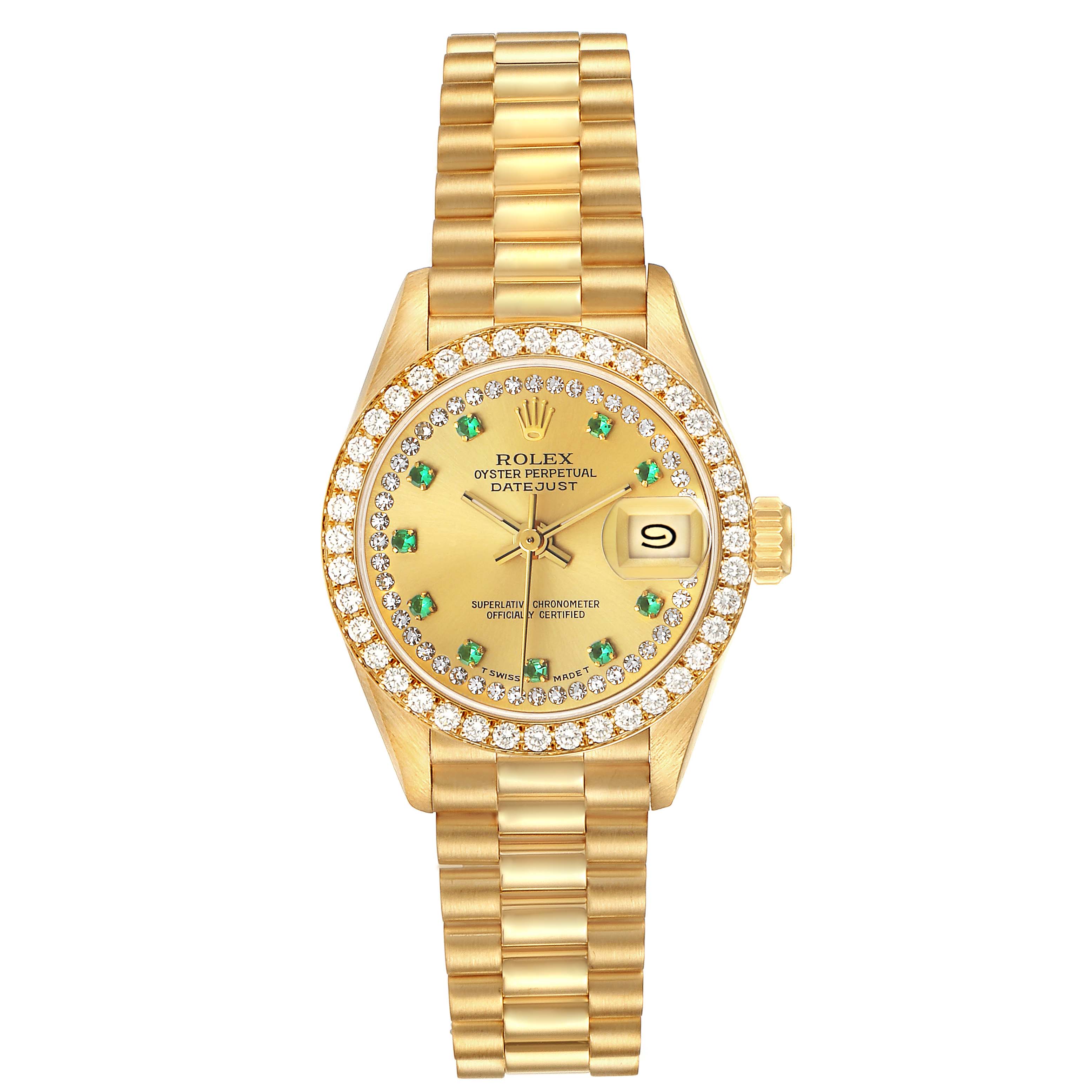 The Rolex President 69138 Women's Yellow Gold Champagne Dial watch is shown from a top-down angle, displaying the dial, bezel, and bracelet.