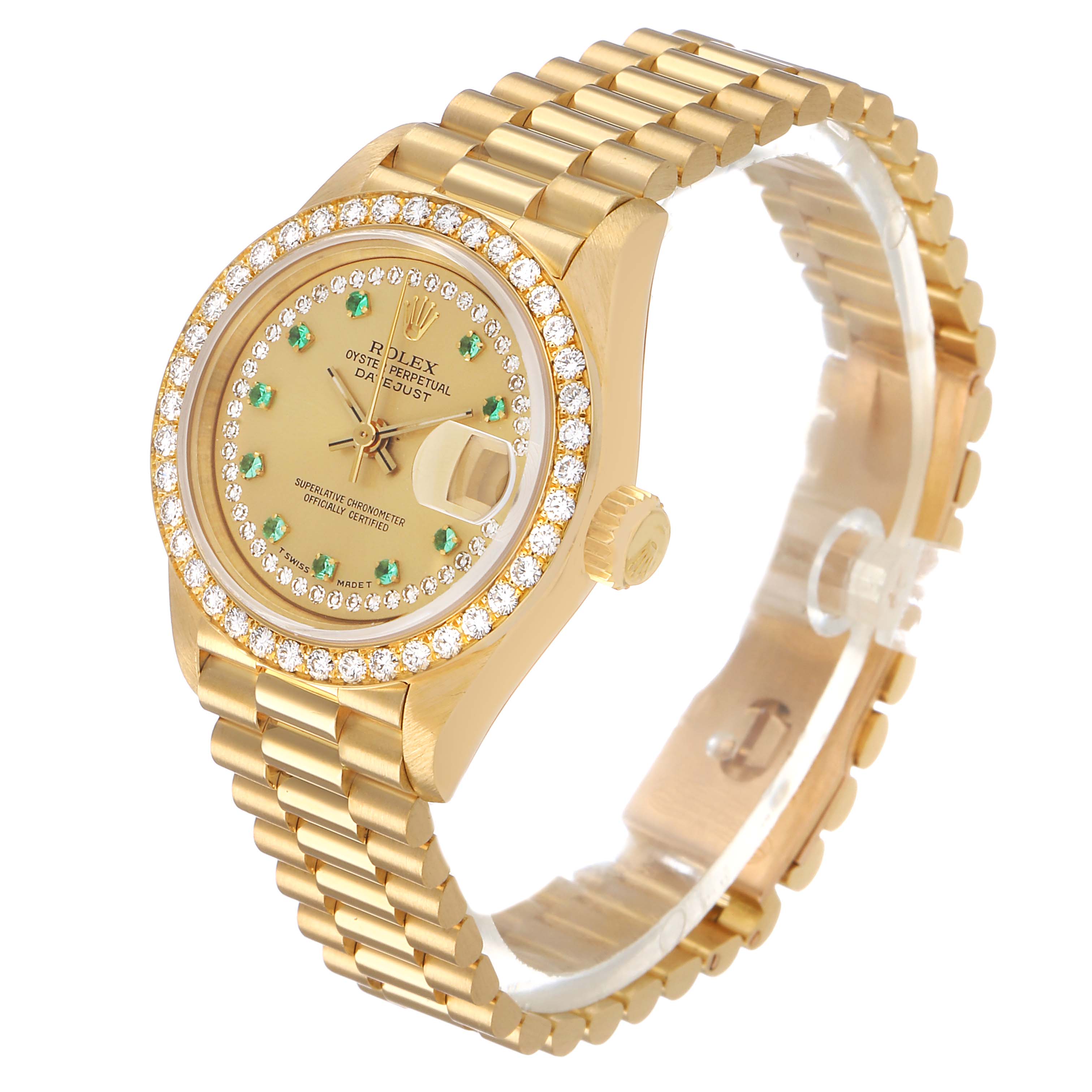 The Rolex President 69138 Women's Yellow Gold Champagne Dial watch is shown at an angled top view, displaying the dial, bezel, bracelet, and crown.