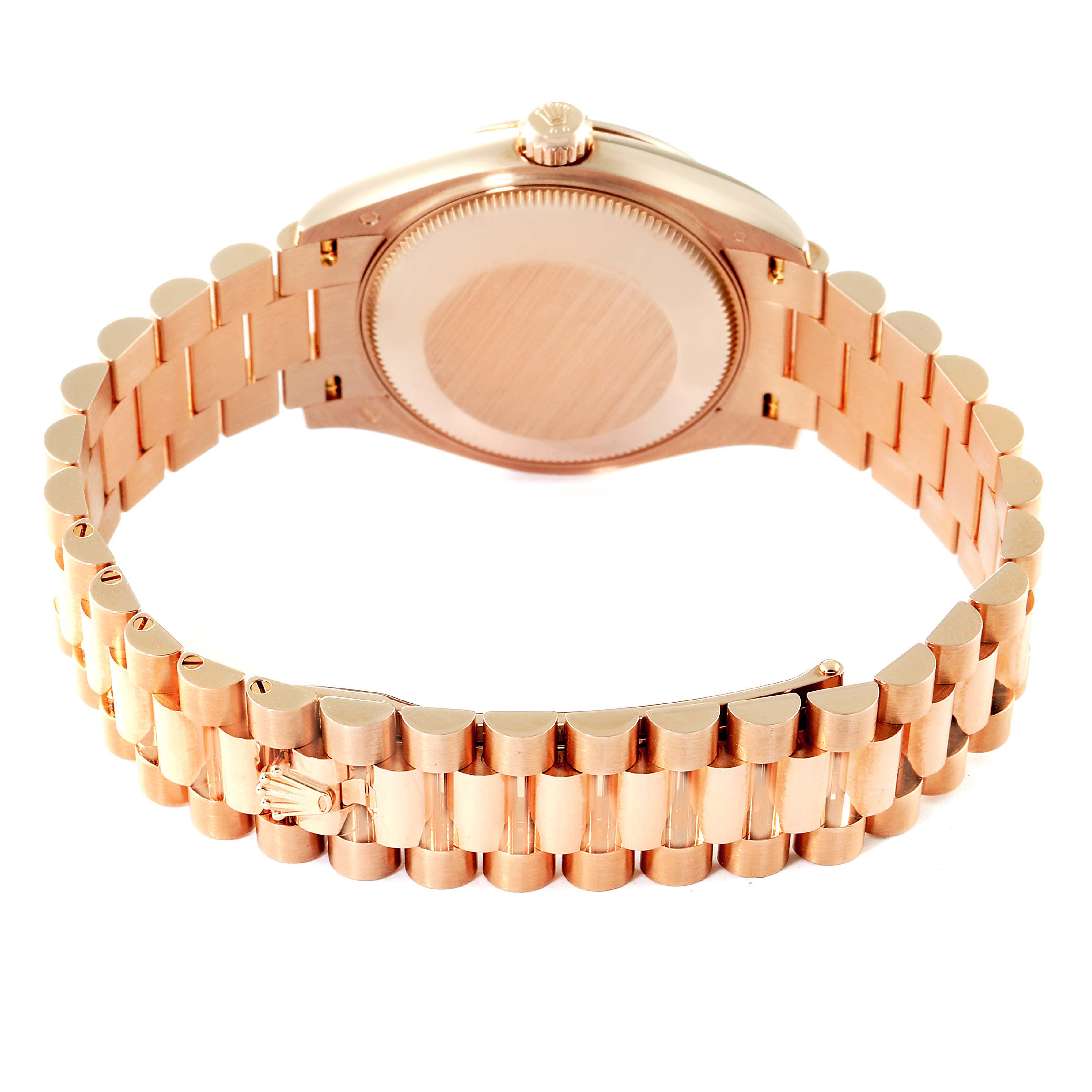 This image shows the rear side of a Rolex President 278275 Women
s Rose Gold Grey Dial 278275 Women
s Rose Gold Grey Dial model watch, highlighting the case back, bracelet, and clasp.