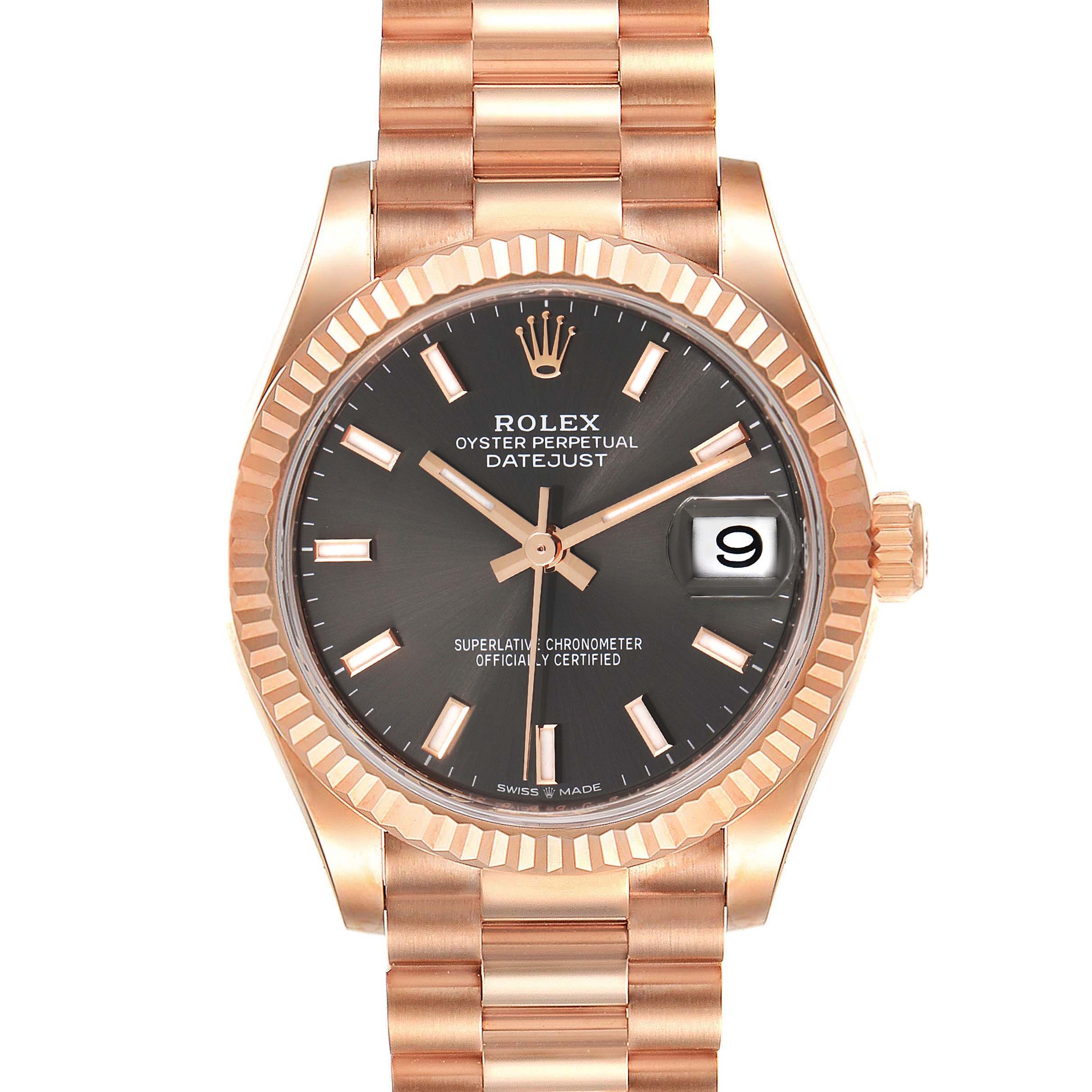 The image shows a frontal view of a Rolex President 278275 Women
s Rose Gold Grey Dial 278275 Women
s Rose Gold Grey Dial model watch, highlighting its dial, hands, date display, bezel, and bracelet.