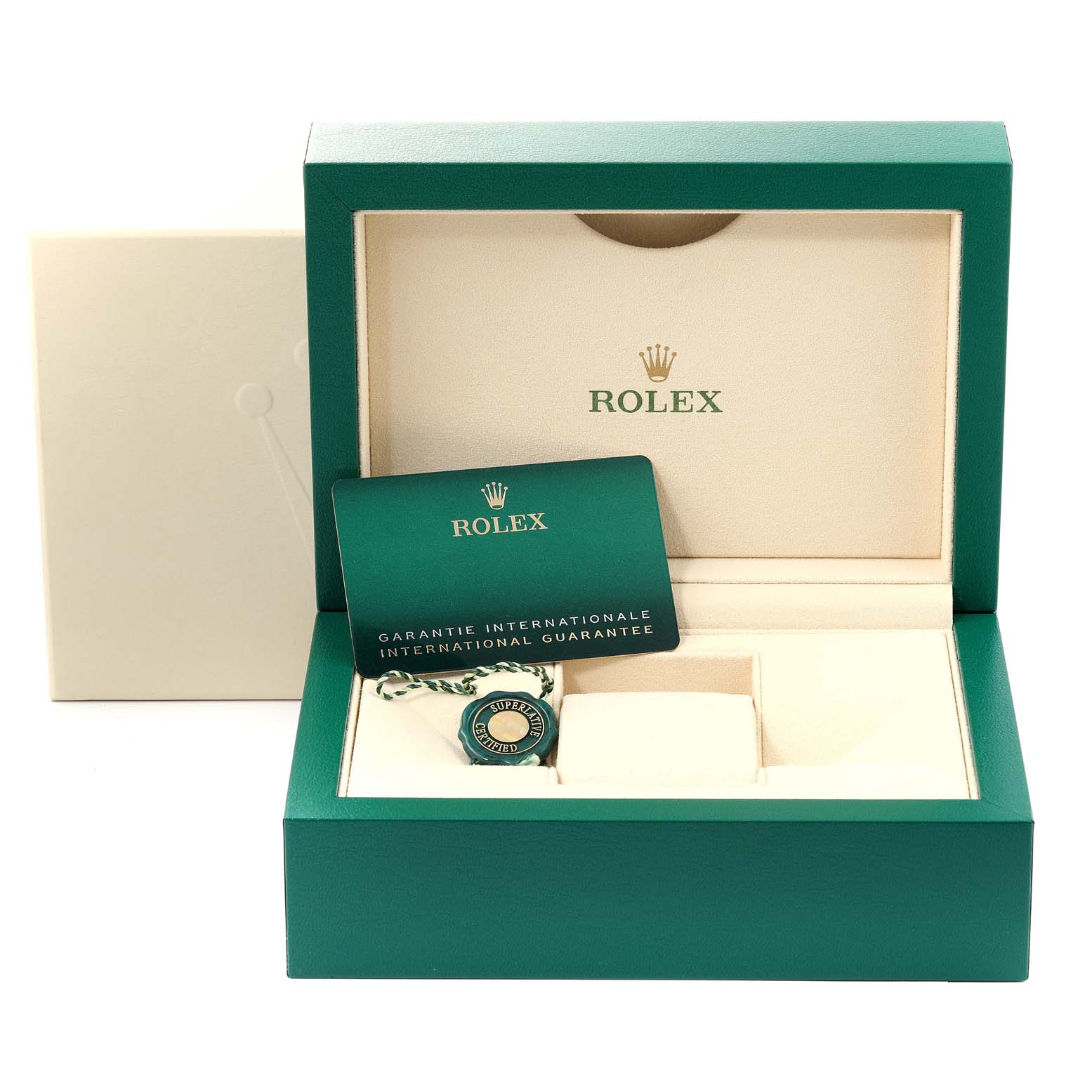 The image shows a Rolex President 278275 Women
s Rose Gold Grey Dial 278275 Women
s Rose Gold Grey Dial model watch box with a warranty card and a green Rolex tag, viewed from the front.