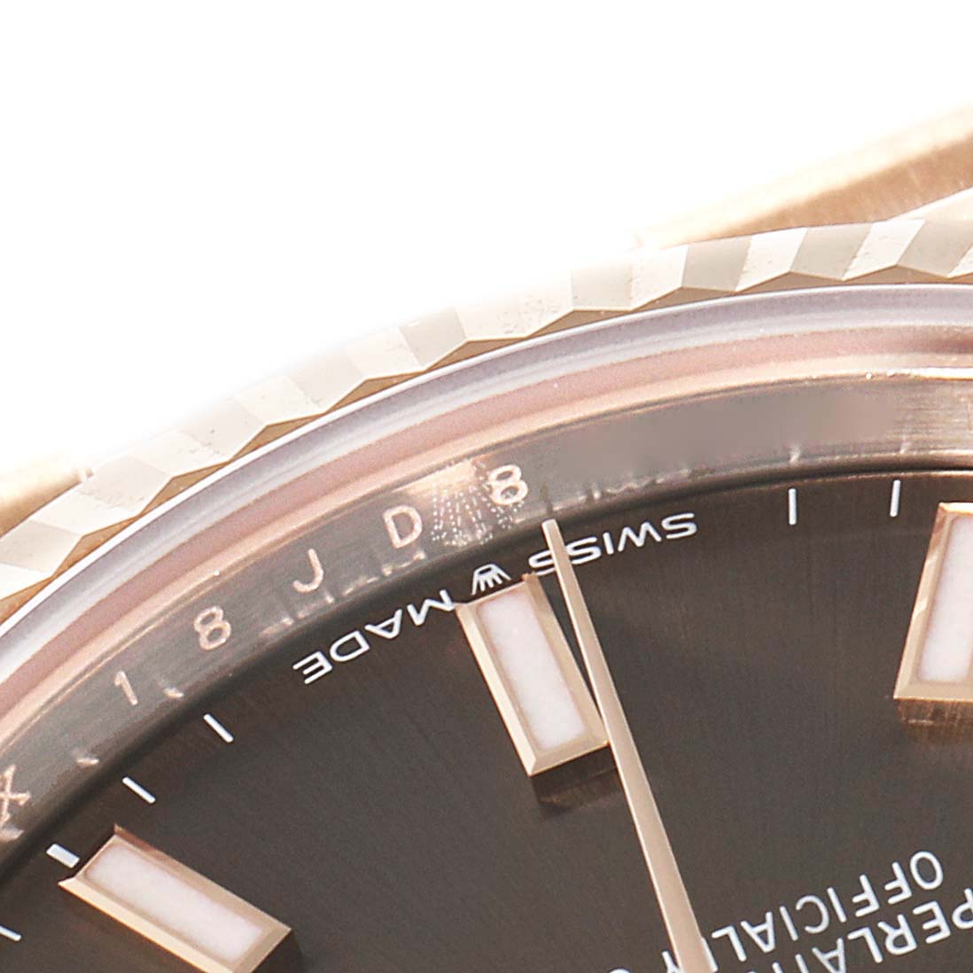 This close-up angle shows the face and bezel of the Rolex President 278275 Women
s Rose Gold Grey Dial 278275 Women
s Rose Gold Grey Dial model watch, highlighting the dial and markers.