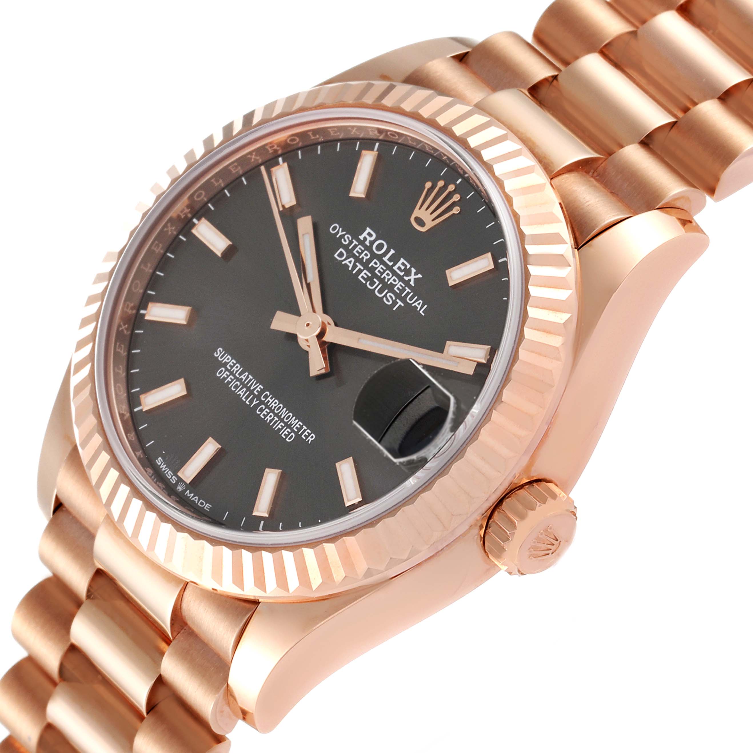 The Rolex President 278275 Women
s Rose Gold Grey Dial 278275 Women
s Rose Gold Grey Dial watch is shown at an oblique angle, highlighting the watch face, bezel, crown, and part of the bracelet.