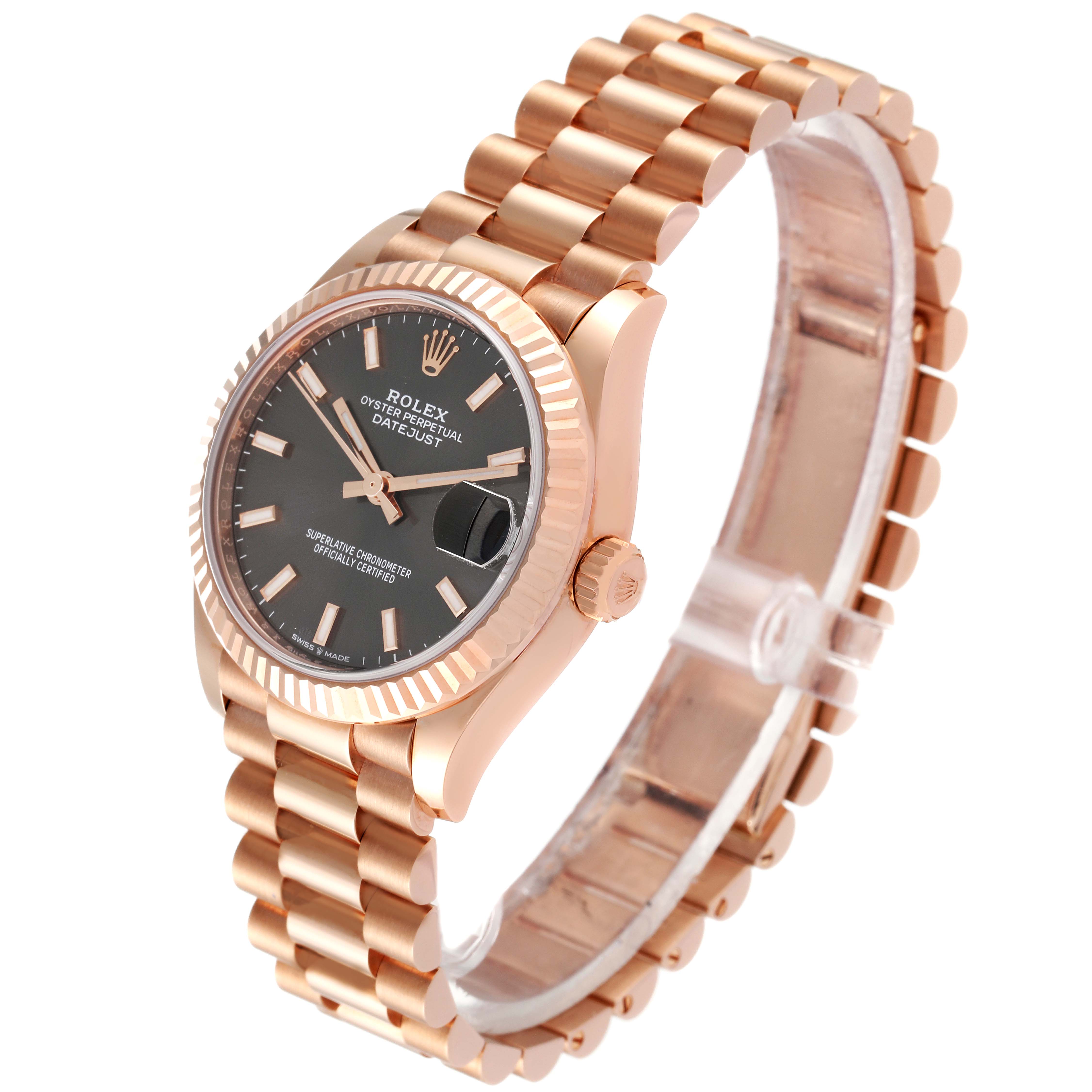 The Rolex President 278275 Women
s Rose Gold Grey Dial 278275 Women
s Rose Gold Grey Dial model watch is captured at a three-quarter angle, showing the watch face, bezel, crown, and bracelet.
