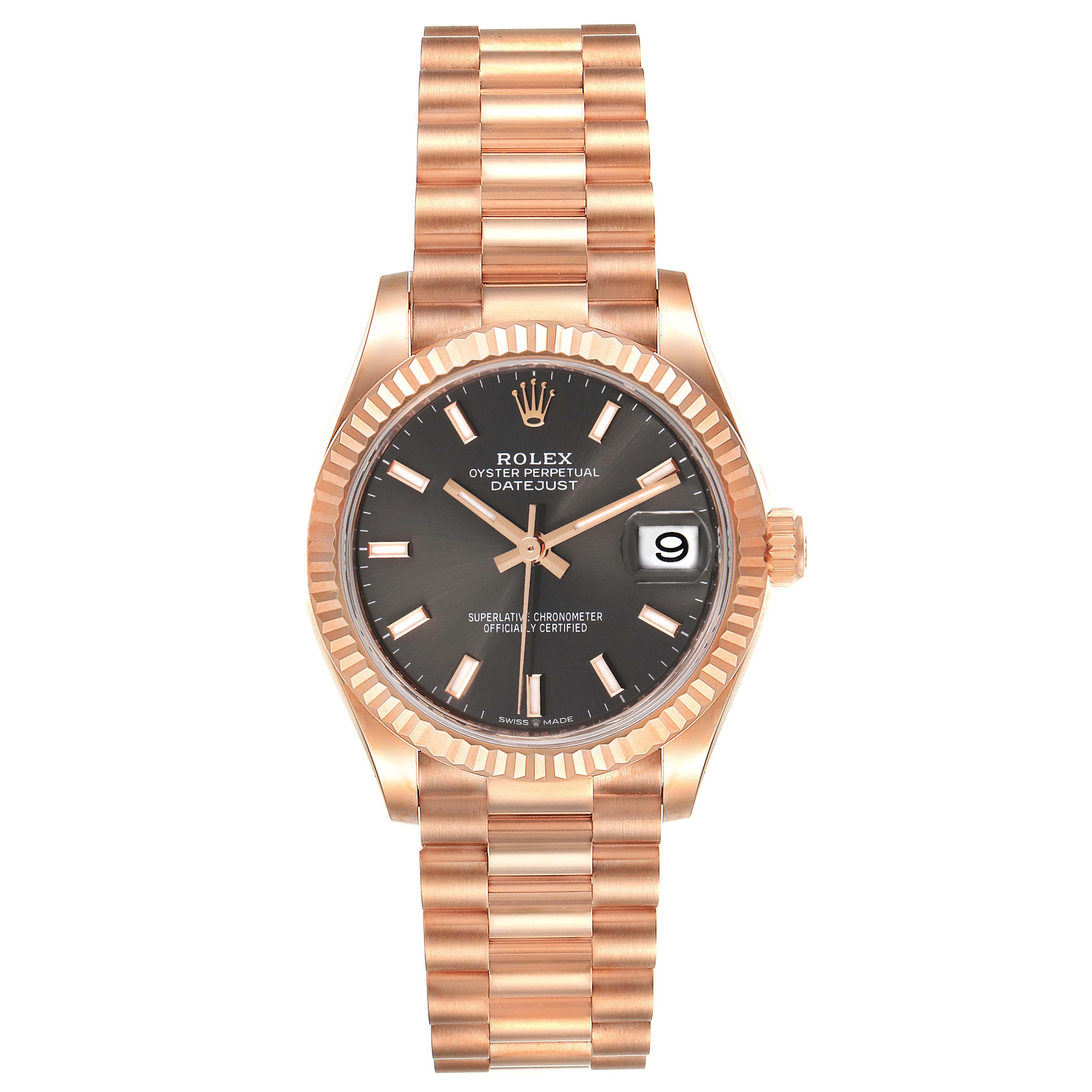 The image shows a front view of a Rolex President 278275 Women
s Rose Gold Grey Dial 278275 Women
s Rose Gold Grey Dial model watch featuring its dial, bezel, and bracelet.