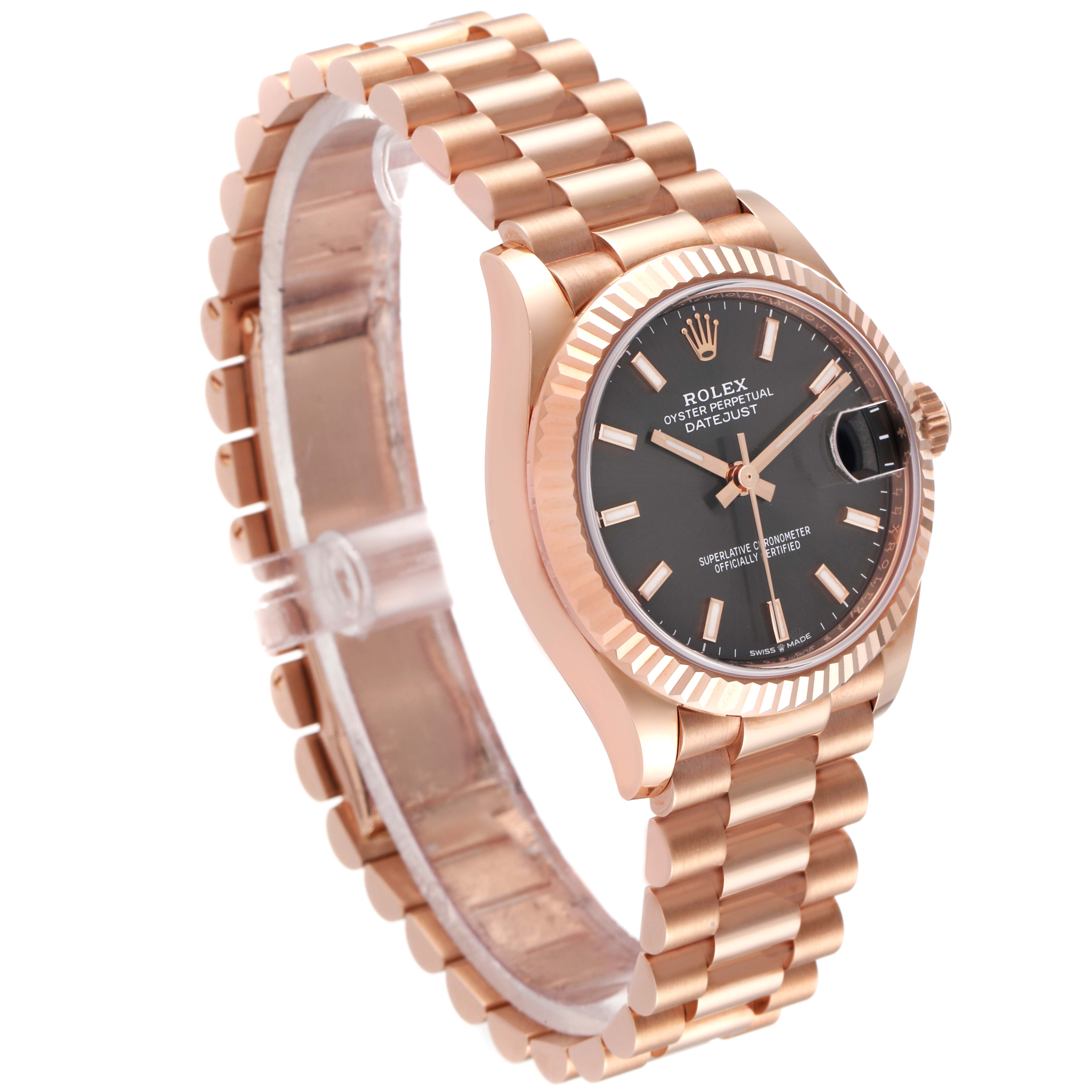 This Rolex President 278275 Women
s Rose Gold Grey Dial 278275 Women
s Rose Gold Grey Dial model watch is shown at a three-quarter angle, highlighting its bracelet, crown, and black dial.