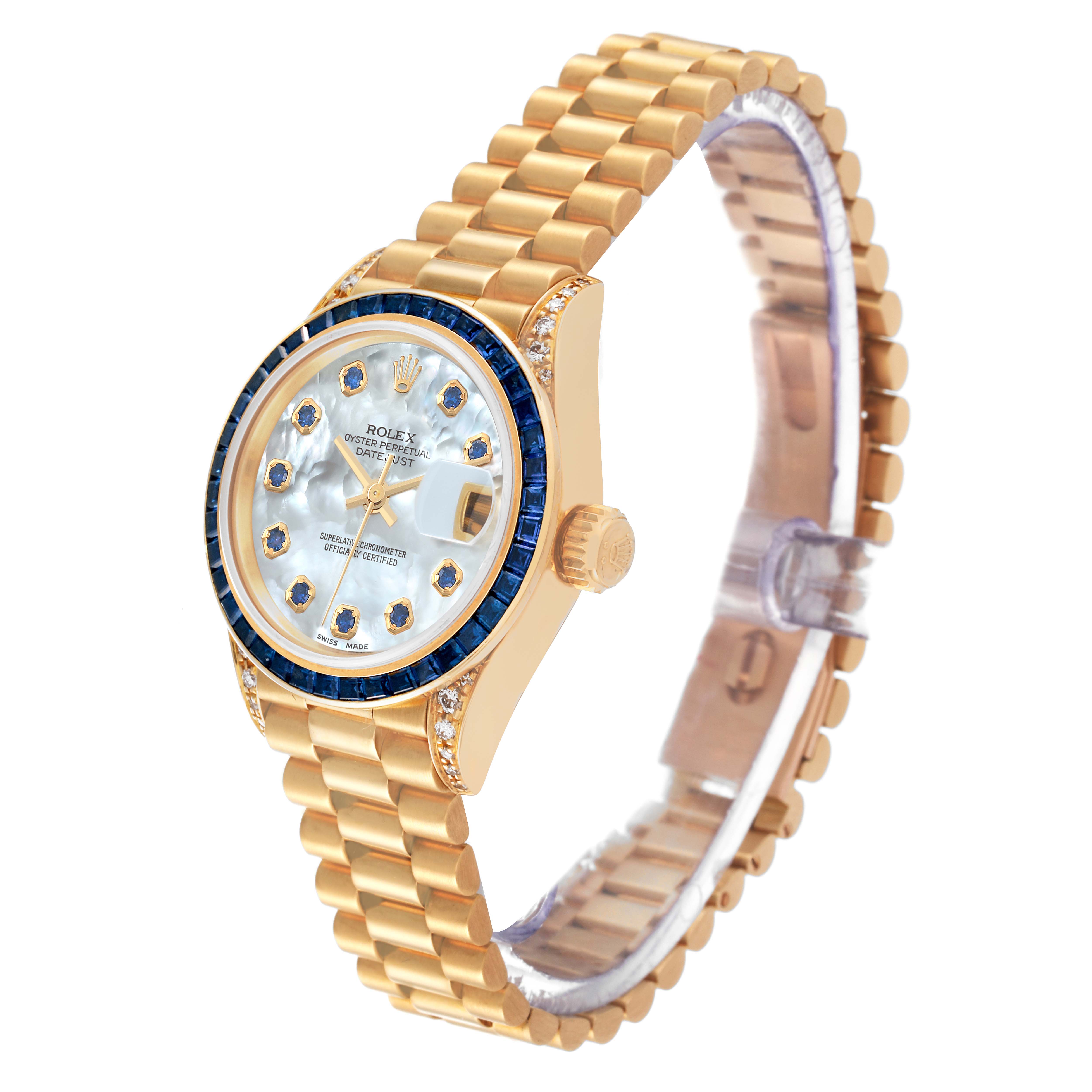 The image shows a gold Rolex President 69028 Women's Yellow Gold Mother of Pearl Dial 69028 Women's Yellow Gold Mother of Pearl Dial watch at a three-quarter angle, displaying the face, bezel, and part of the bracelet.