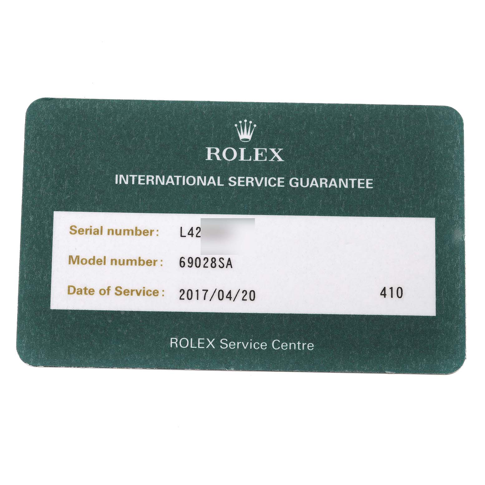 The image shows an International Service Guarantee card for a Rolex President 69028 Women's Yellow Gold Mother of Pearl Dial 69028 Women's Yellow Gold Mother of Pearl Dial model watch.