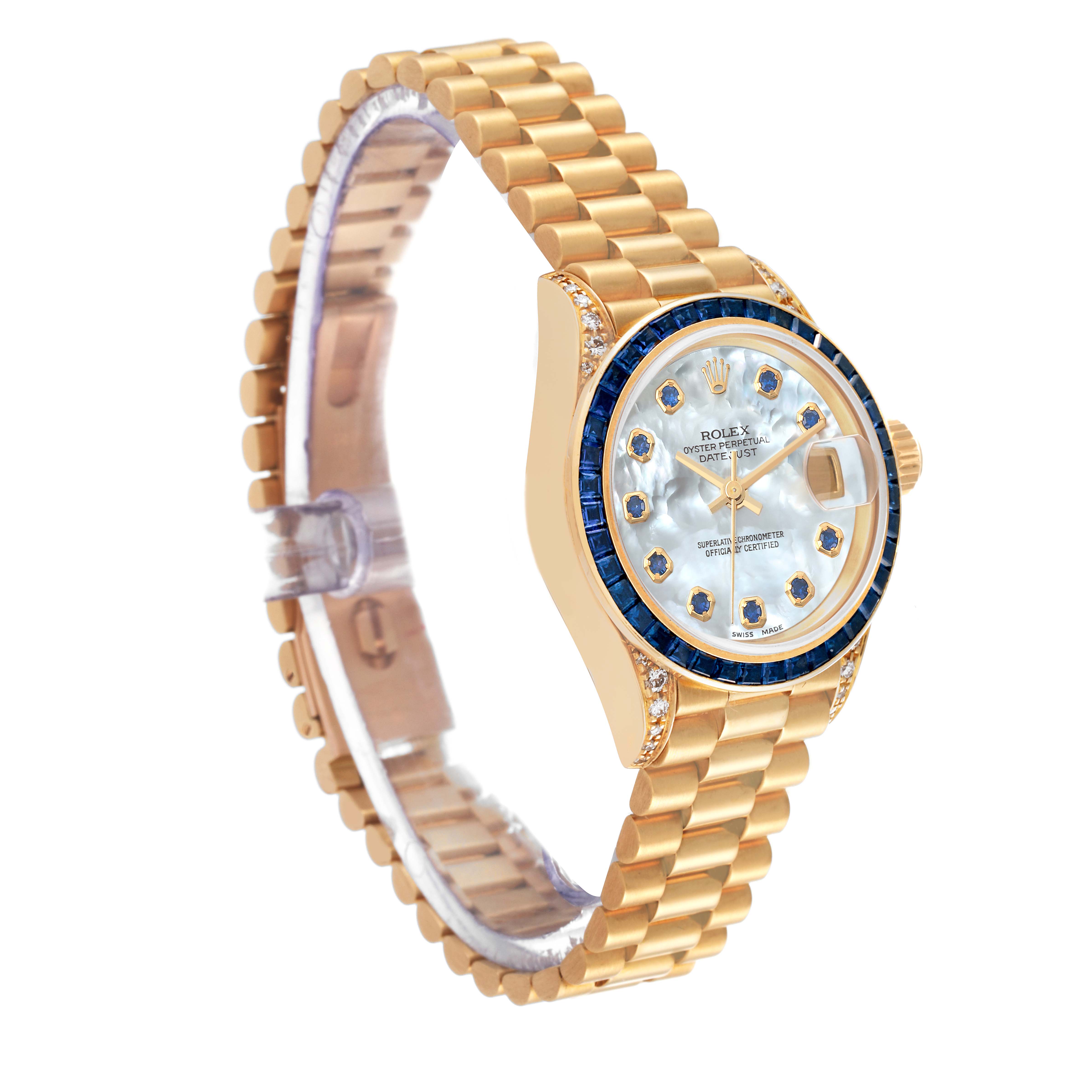 The image shows a Rolex President 69028 Women's Yellow Gold Mother of Pearl Dial 69028 Women's Yellow Gold Mother of Pearl Dial model watch from an angled side view, highlighting the face, bezel, and band.