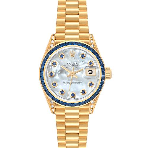 Photo of Rolex President Yellow Gold Mother of Pearl Diamond Sapphire Ladies Watch 69028 Box Service Card