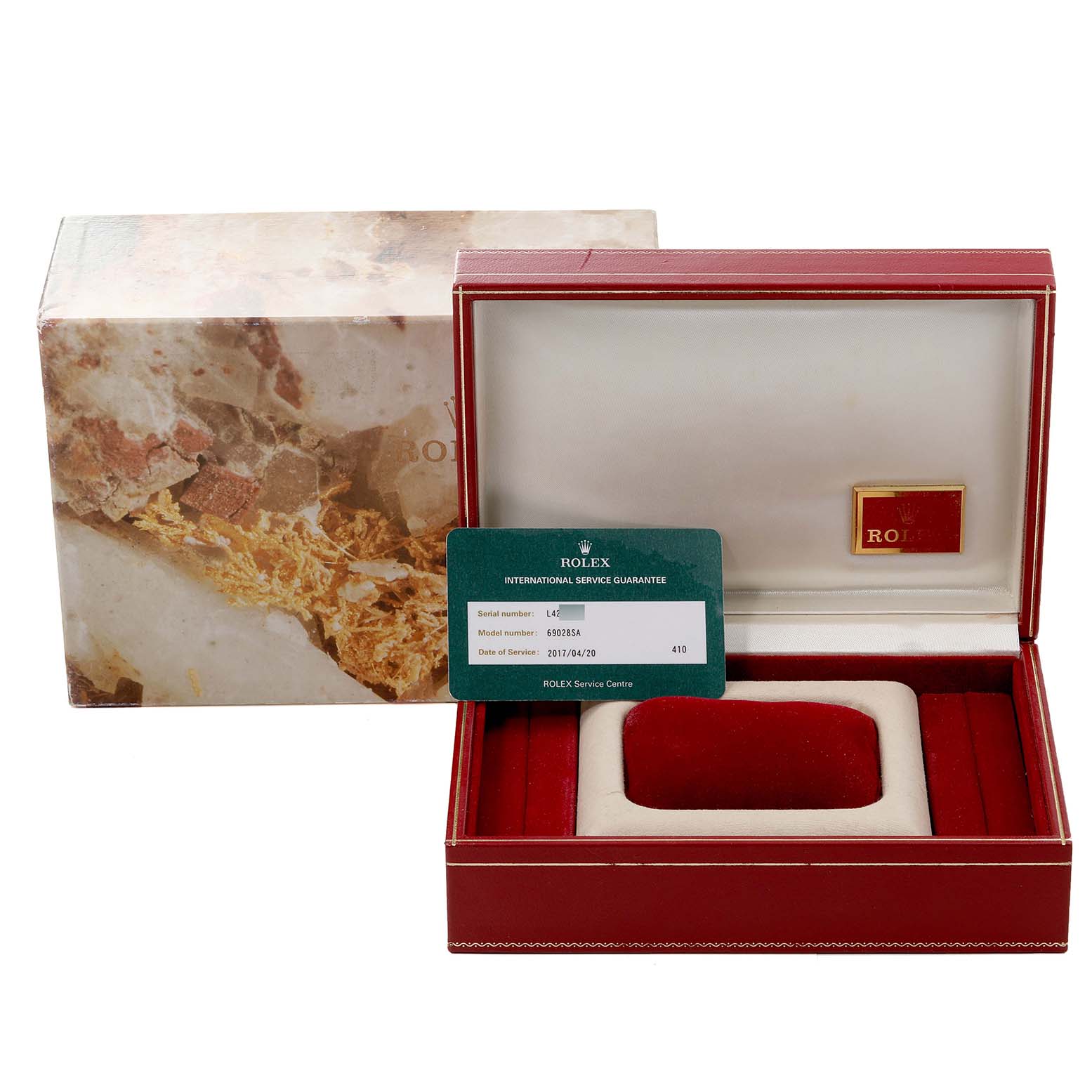 The image shows the box, inner box, and guarantee card of a Rolex President 69028 Women's Yellow Gold Mother of Pearl Dial 69028 Women's Yellow Gold Mother of Pearl Dial model watch, viewed from the front.