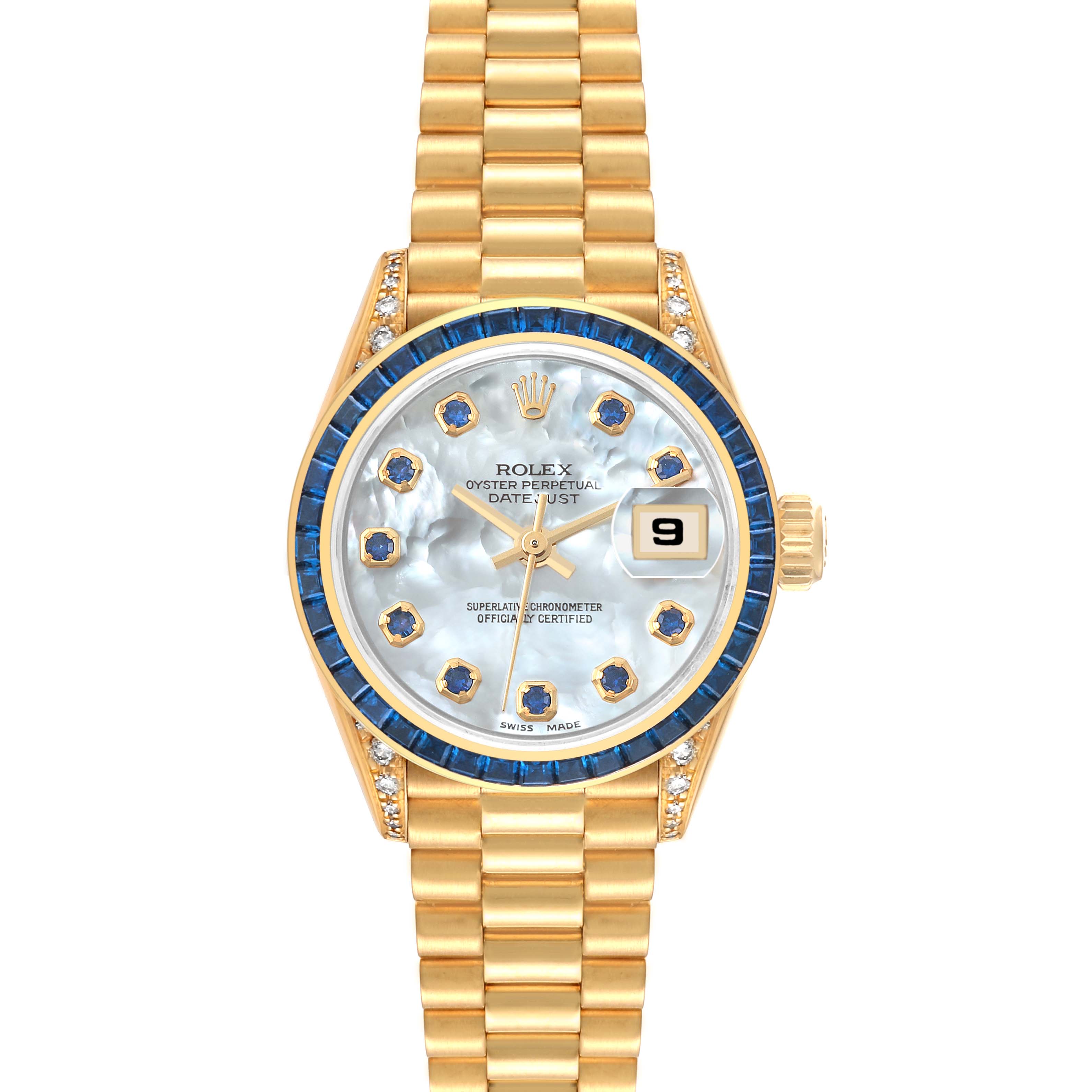 This image shows a top-down view of a Rolex President 69028 Women's Yellow Gold Mother of Pearl Dial 69028 Women's Yellow Gold Mother of Pearl Dial model watch, featuring a gold bracelet, diamond-studded bezel, and a date display.