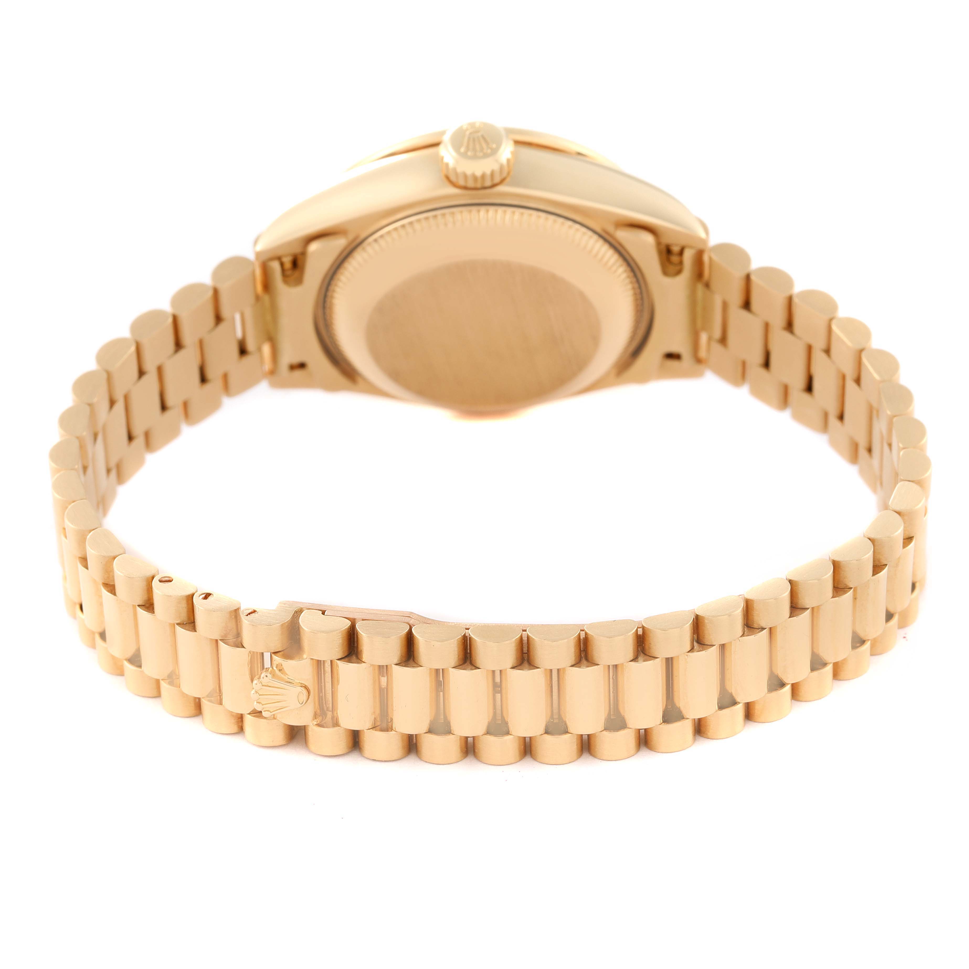 The image shows the back view of a Rolex President 69028 Women's Yellow Gold Mother of Pearl Dial 69028 Women's Yellow Gold Mother of Pearl Dial model watch, highlighting its bracelet and case back.