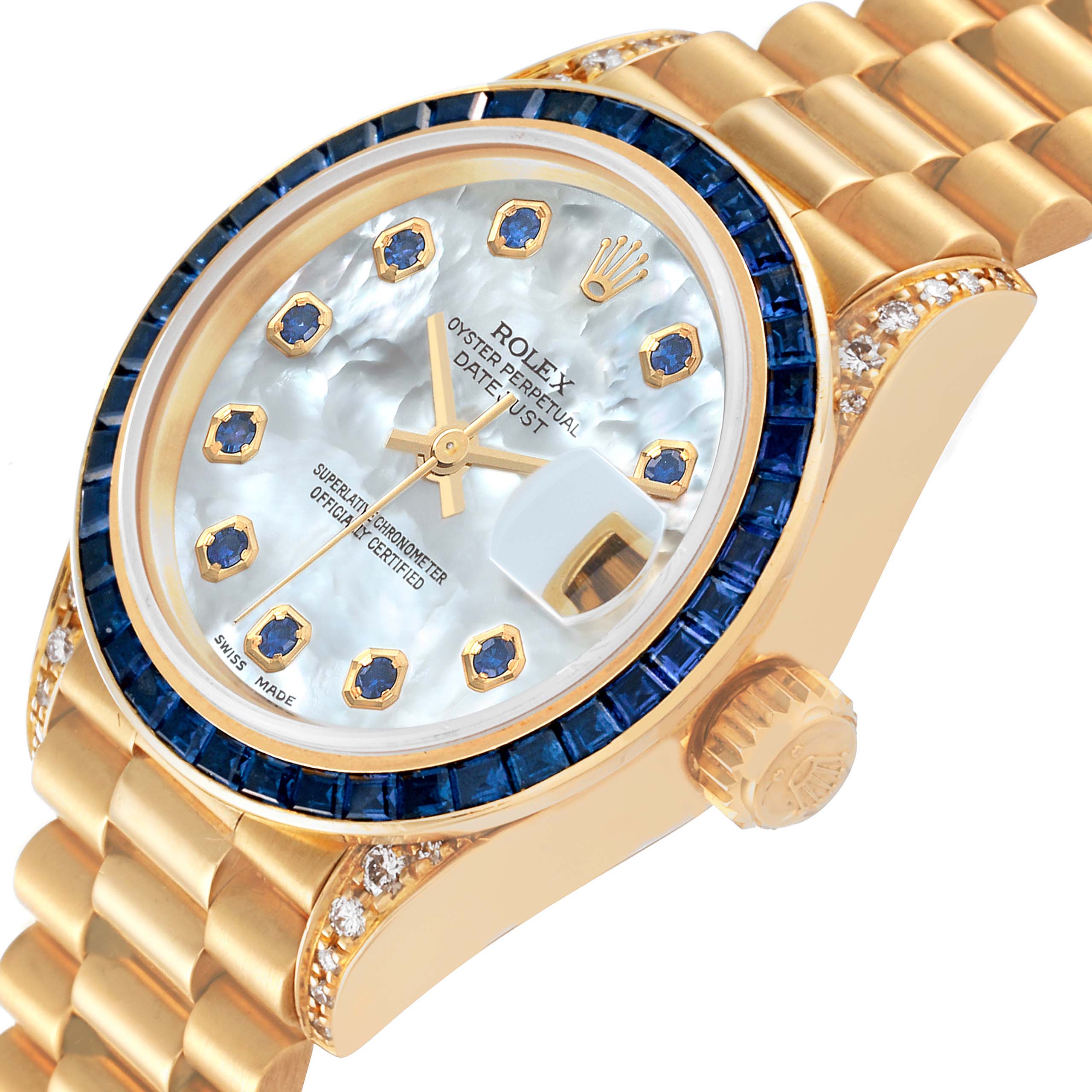 This image shows a close-up angle of the Rolex President 69028 Women's Yellow Gold Mother of Pearl Dial 69028 Women's Yellow Gold Mother of Pearl Dial model, showcasing its dial, bezel, crown, and part of the bracelet.