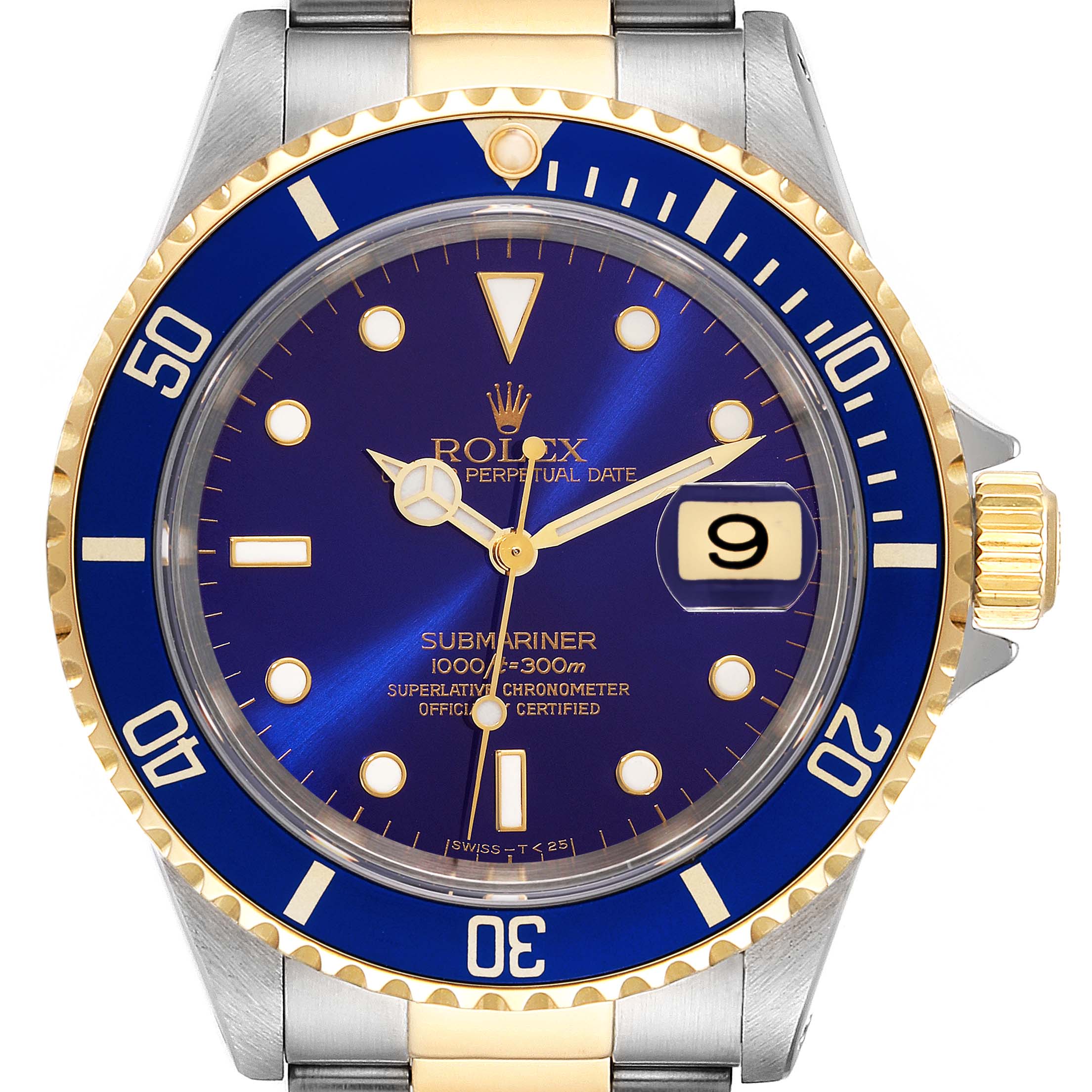 The image shows the front view of a Rolex Submariner 16613 Men's Steel and Gold (two tone) Blue Dial 16613 Men's Steel and Gold (two tone) Blue Dial watch, highlighting its blue dial, date display, and two-tone bezel.
