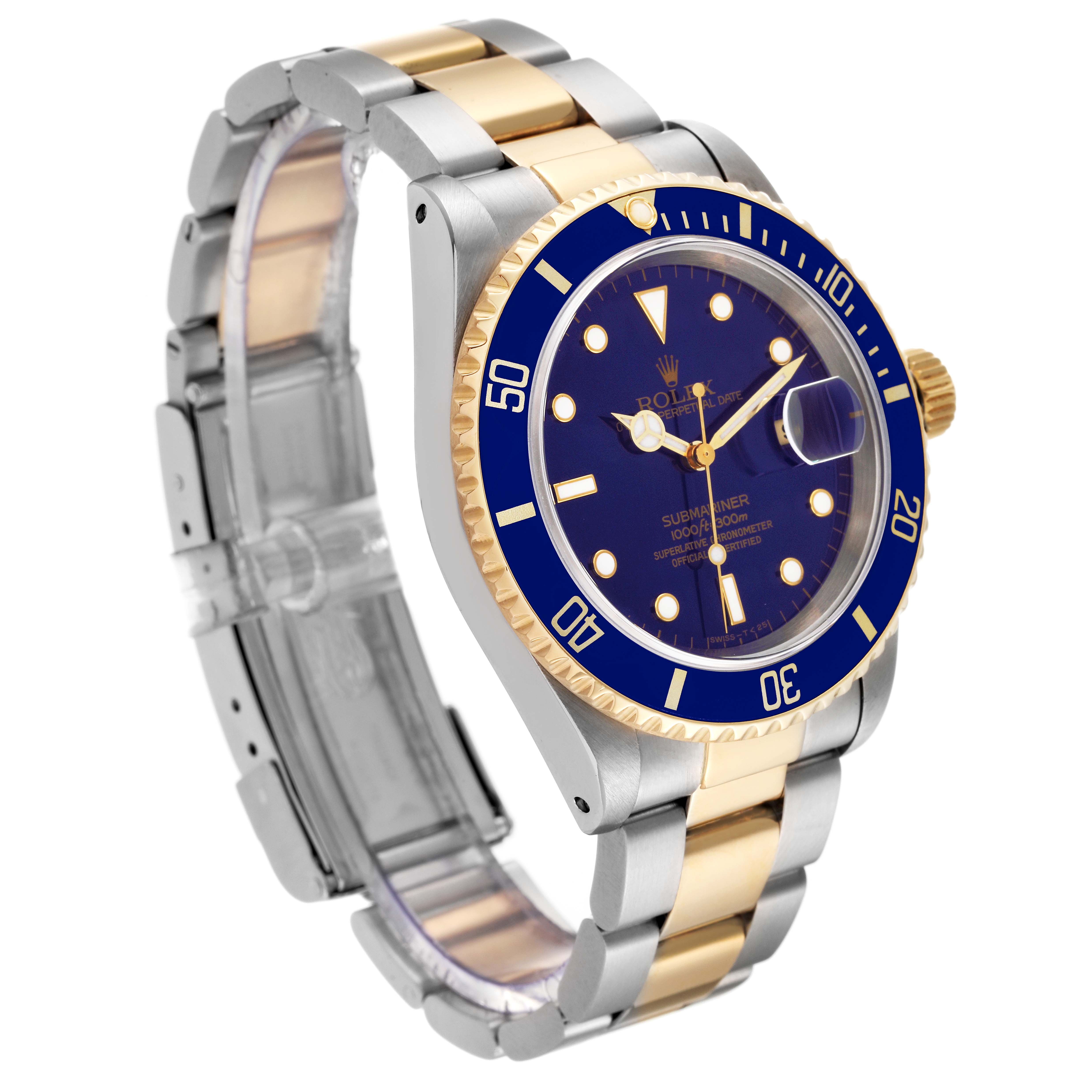 The image shows a Rolex Submariner 16613 Men's Steel and Gold (two tone) Blue Dial 16613 Men's Steel and Gold (two tone) Blue Dial watch at an angle displaying its face, bezel, crown, and two-tone bracelet.