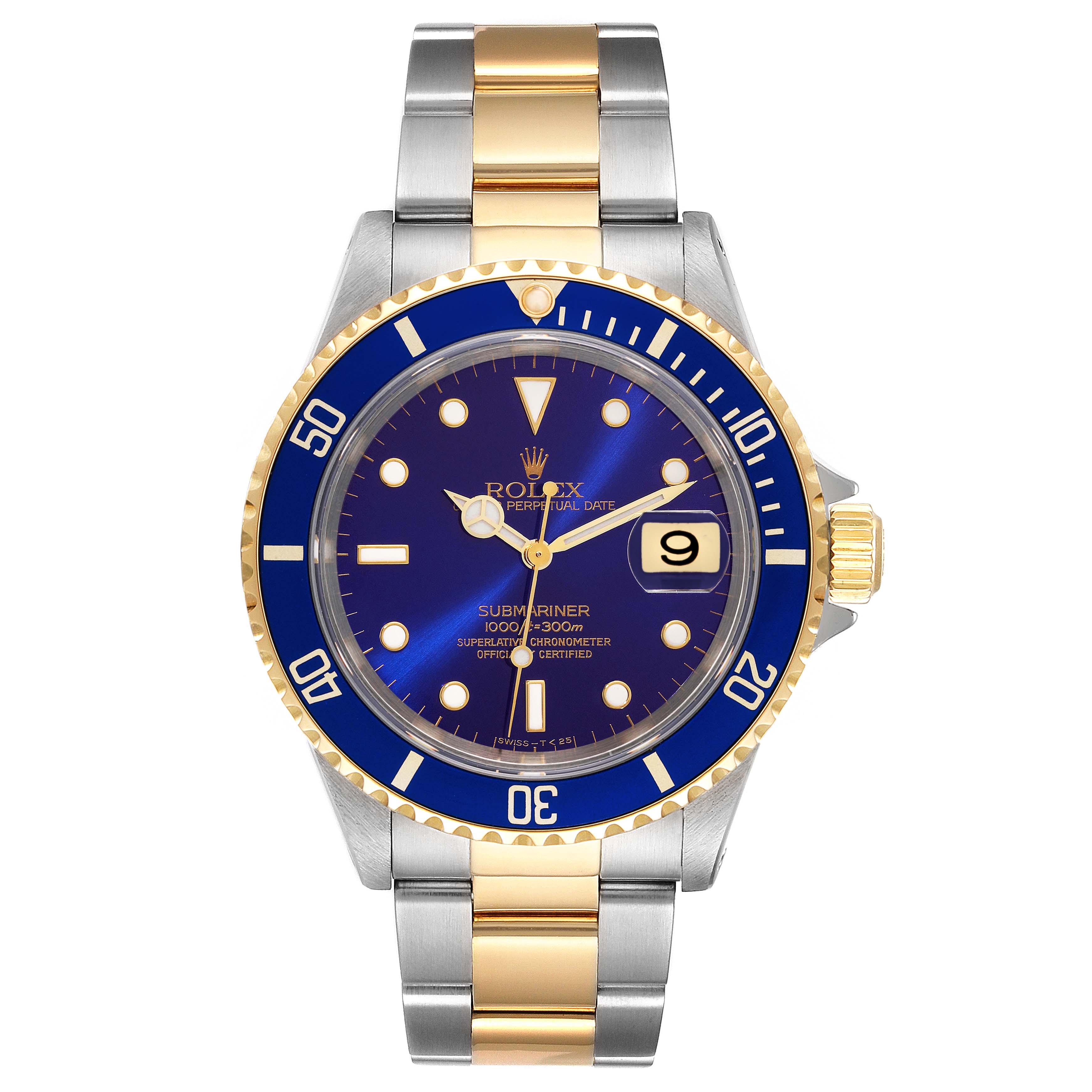 The Rolex Submariner 16613 Men's Steel and Gold (two tone) Blue Dial 16613 Men's Steel and Gold (two tone) Blue Dial watch is pictured from the front, showing its blue dial, bezel, and two-tone bracelet.
