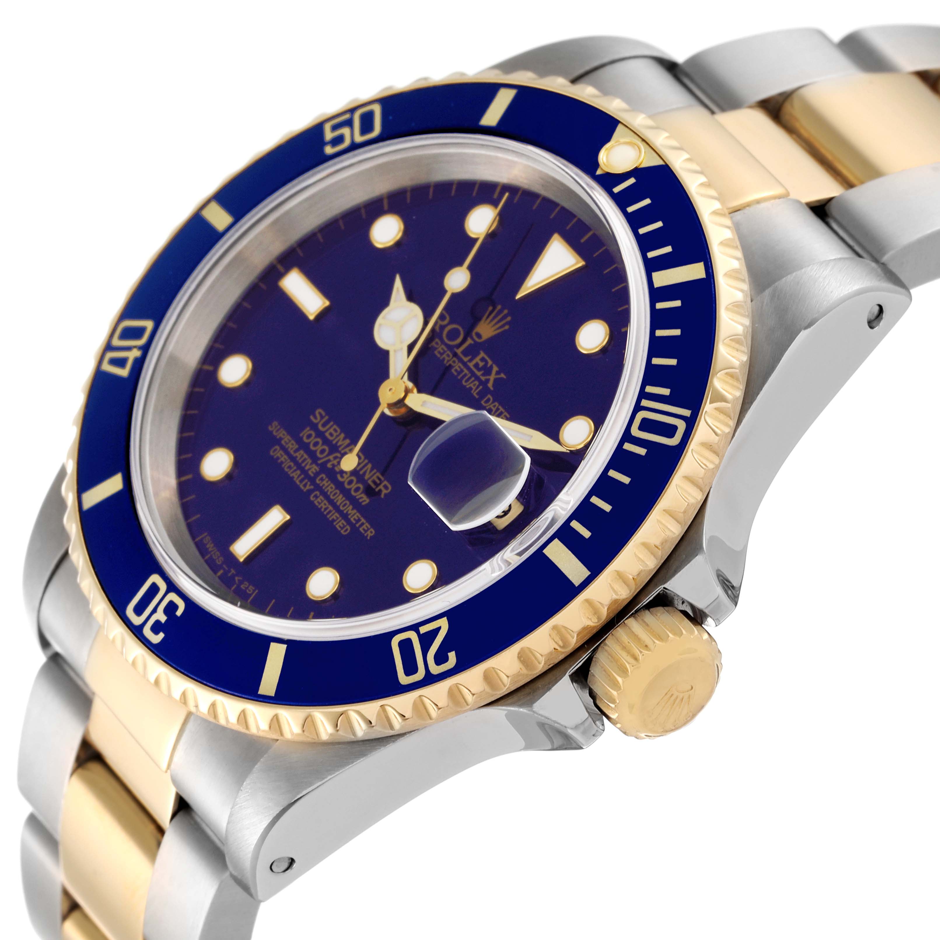 The image shows a close-up angle of a Rolex Submariner 16613 Men's Steel and Gold (two tone) Blue Dial 16613 Men's Steel and Gold (two tone) Blue Dial, highlighting its blue dial, bezel, and two-tone bracelet.