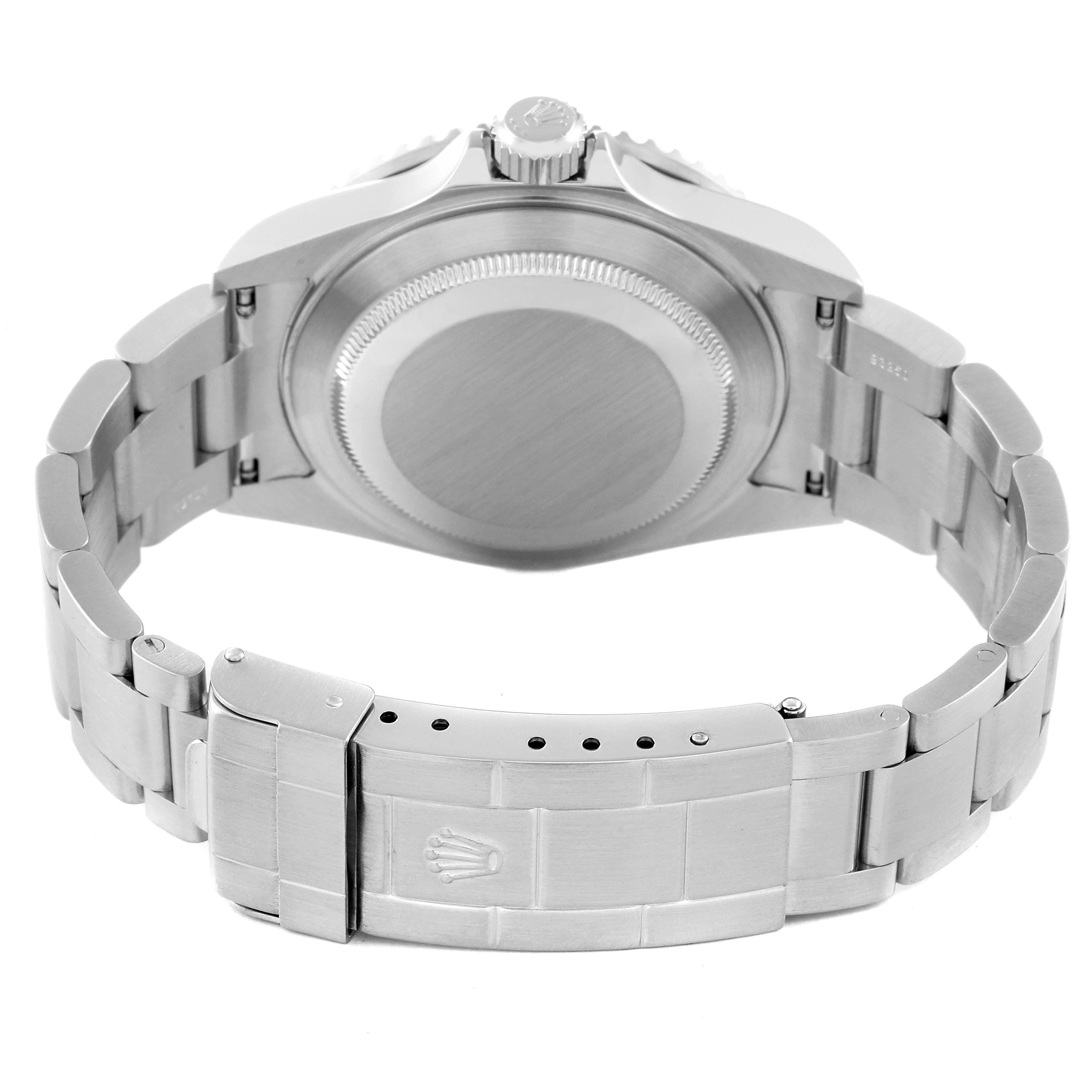 The image shows the back and clasp of a Rolex Submariner 16610 Men
s Stainless Steel Black Dial 16610 Men
s Stainless Steel Black Dial watch, highlighting its case and stainless steel bracelet.