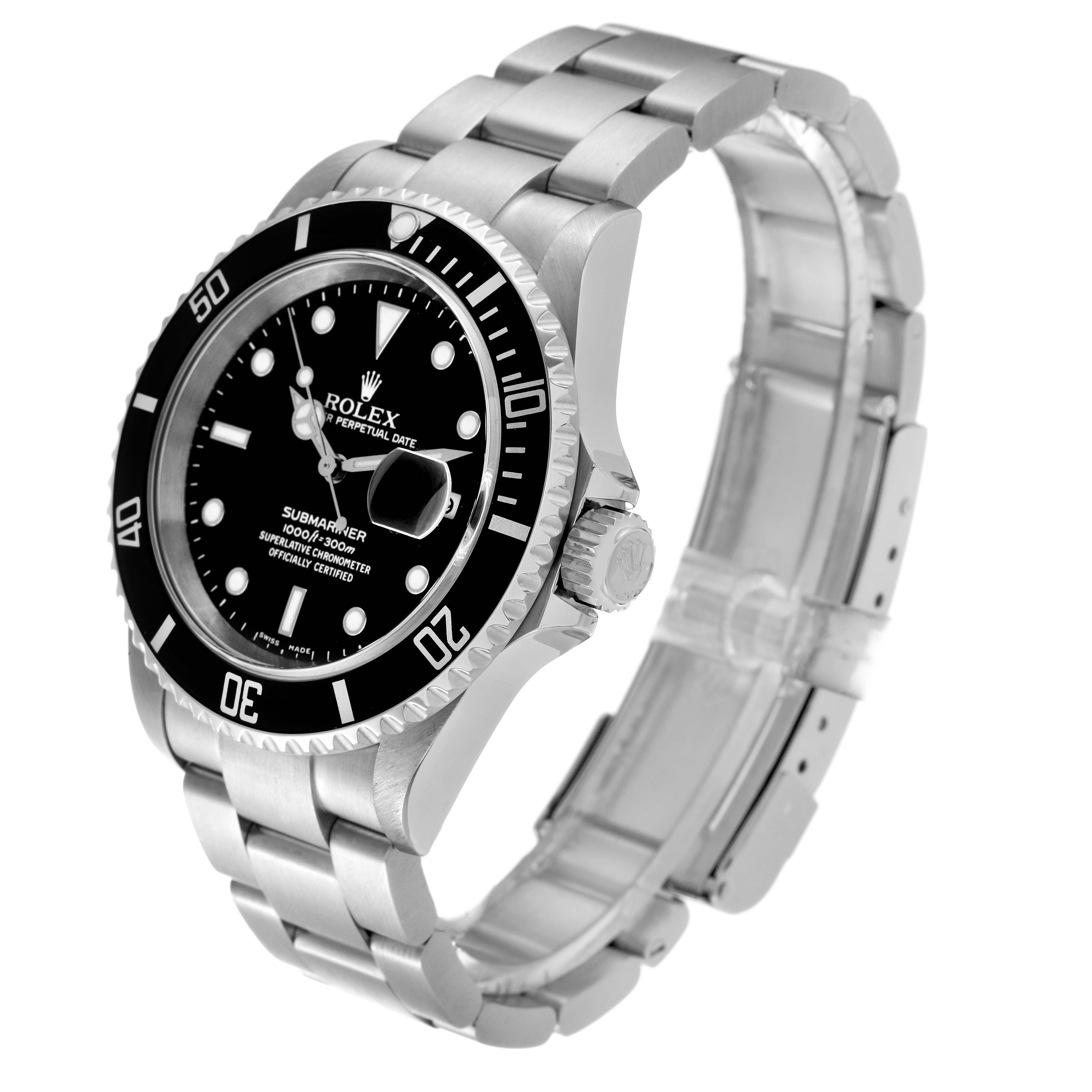 This image shows a Rolex Submariner 16610 Men
s Stainless Steel Black Dial 16610 Men
s Stainless Steel Black Dial watch from a three-quarter angle focusing on the dial, bezel, and bracelet.