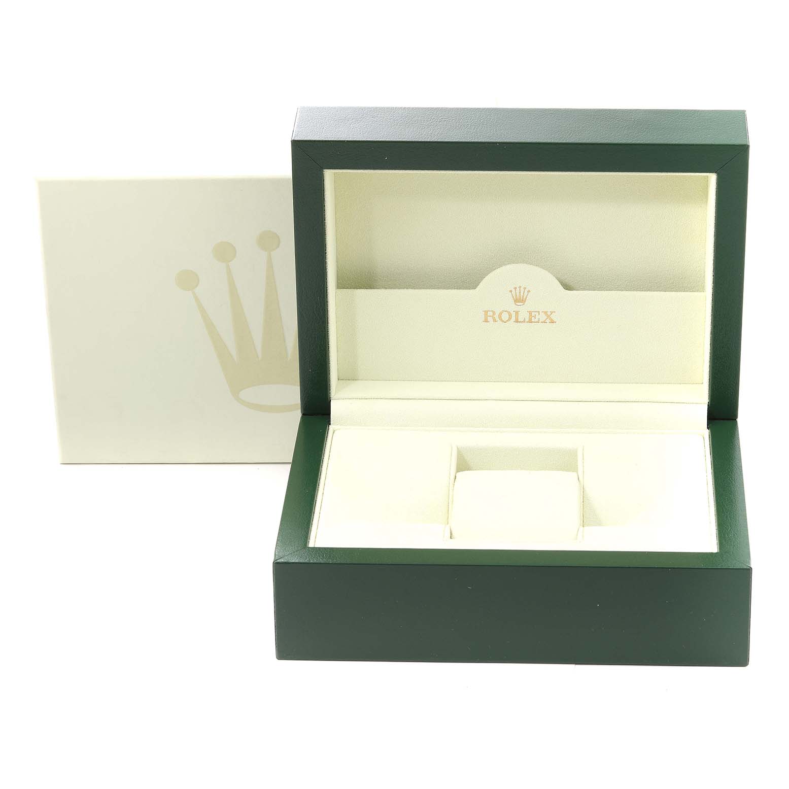 This image shows an open Rolex Submariner 16610 Men
s Stainless Steel Black Dial 16610 Men
s Stainless Steel Black Dial watch box at a front angle, displaying the interior compartments.