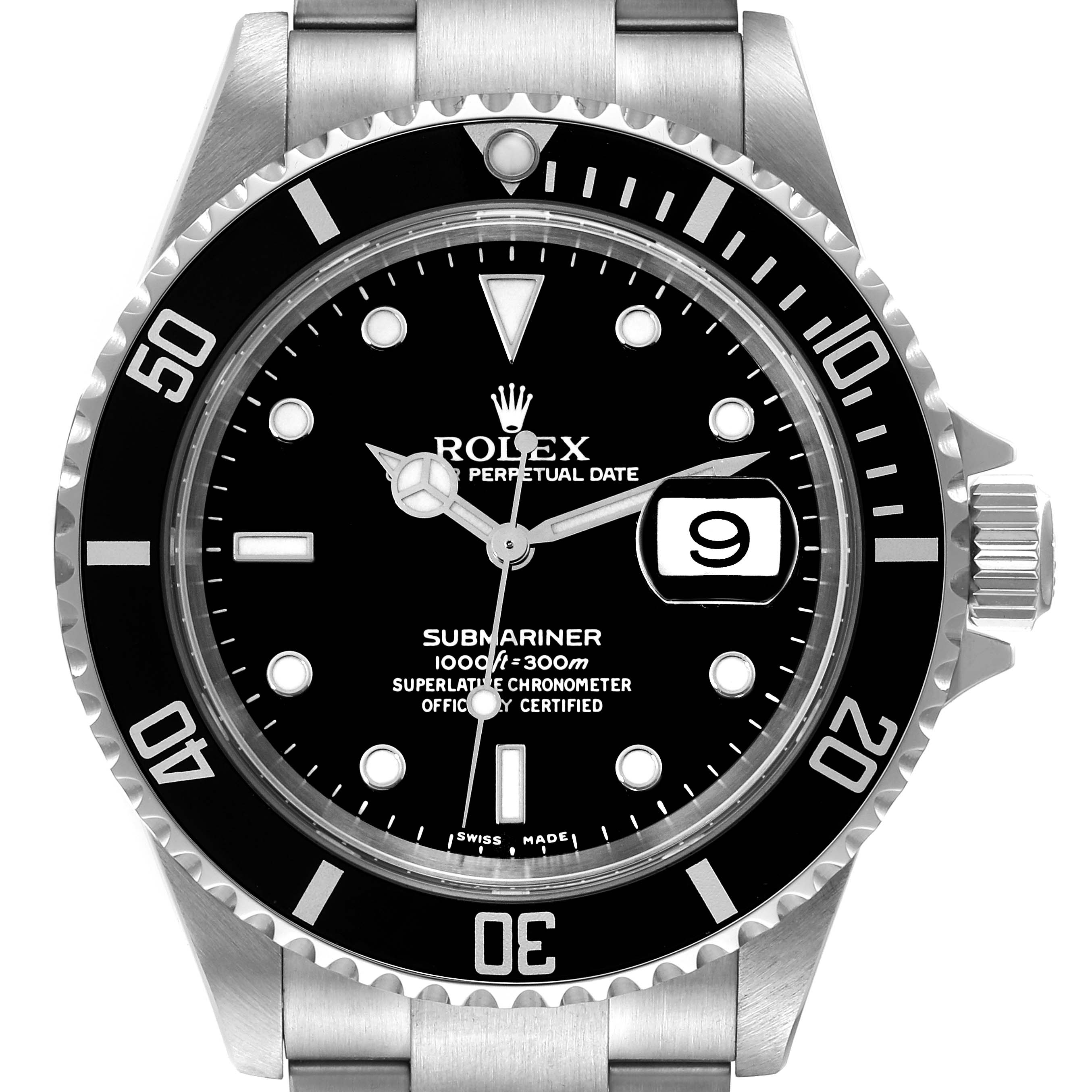 The image shows a front view of a Rolex Submariner 16610 Men
s Stainless Steel Black Dial 16610 Men
s Stainless Steel Black Dial watch displaying the dial, bezel, crown, and part of the bracelet.