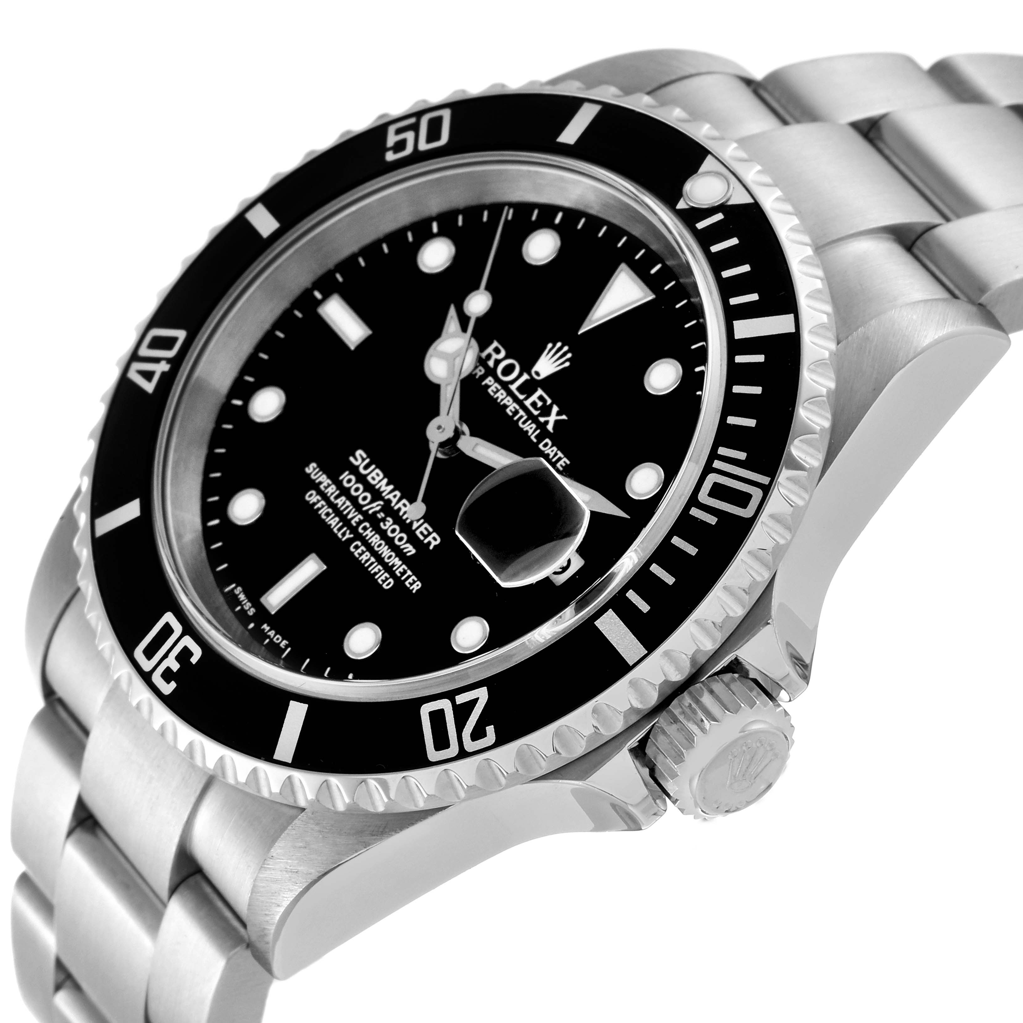 The image shows a side angle of a Rolex Submariner 16610 Men
s Stainless Steel Black Dial 16610 Men
s Stainless Steel Black Dial watch, highlighting its bezel, crown, and black dial.